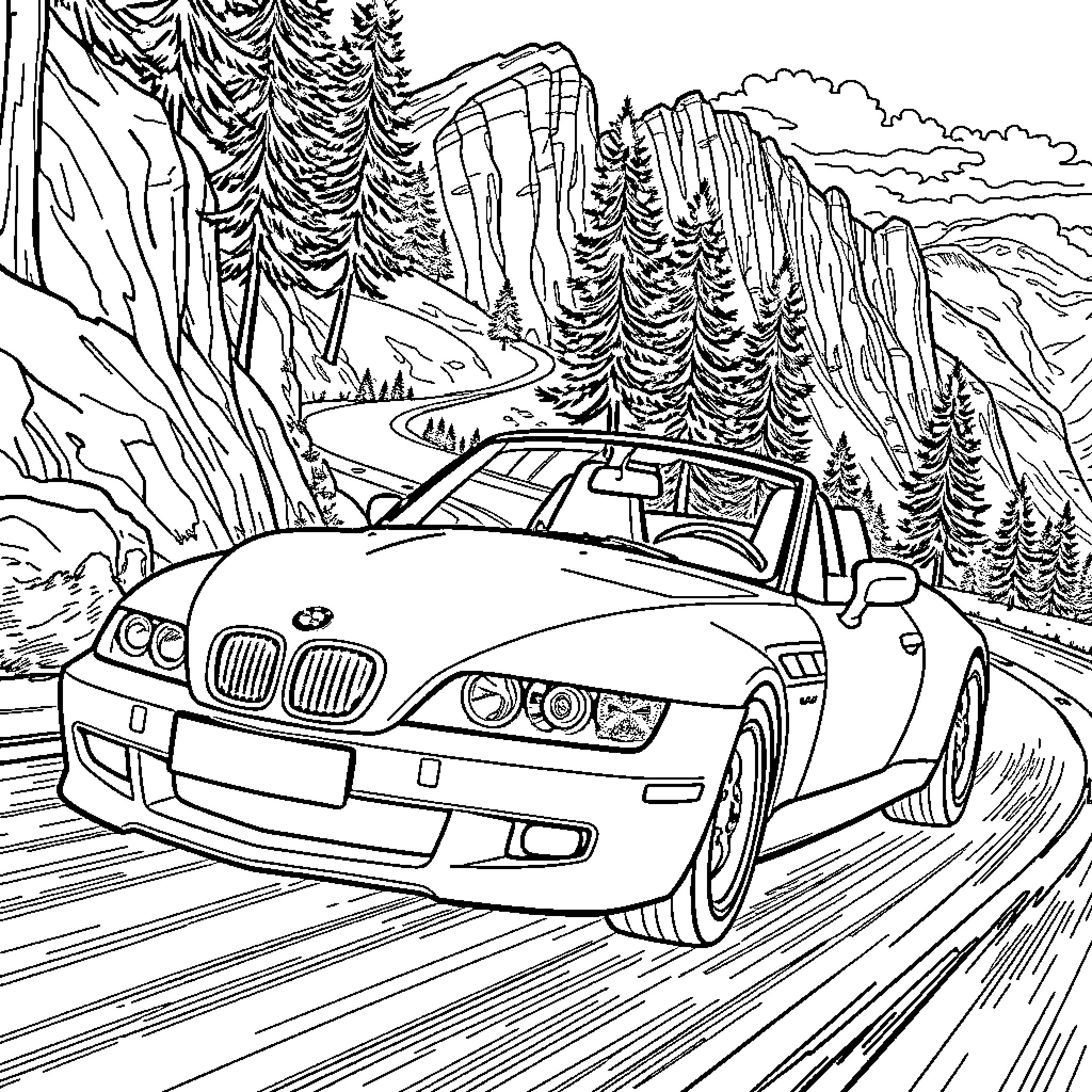Bmw Z3 speeding through scenic mountain road Coloring Page (free black-and-white line drawing printable PDF for all, from beginners to advanced learners, including children, teens, adults, and seniors)