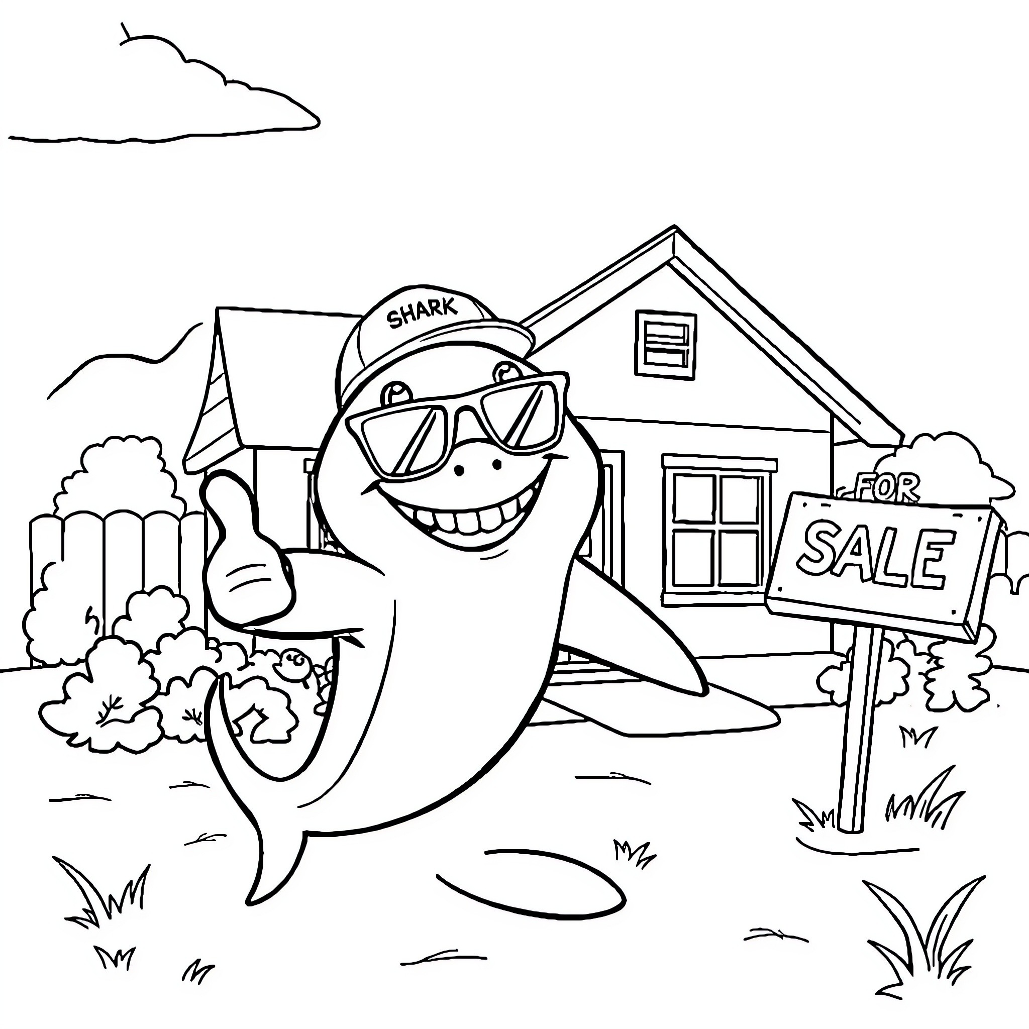 Shark selling a house for sale Coloring Page (free black-and-white line drawing printable PDF for all, from beginners to advanced learners, including children, teens, adults, and seniors)