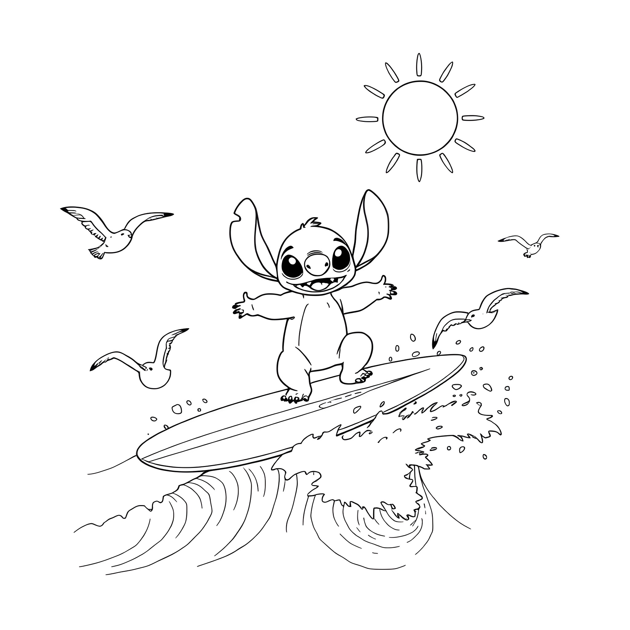 Stitch surfing happily in the waves Coloring Page (free black-and-white line drawing printable PDF for all, from beginners to advanced learners, including children, teens, adults, and seniors)