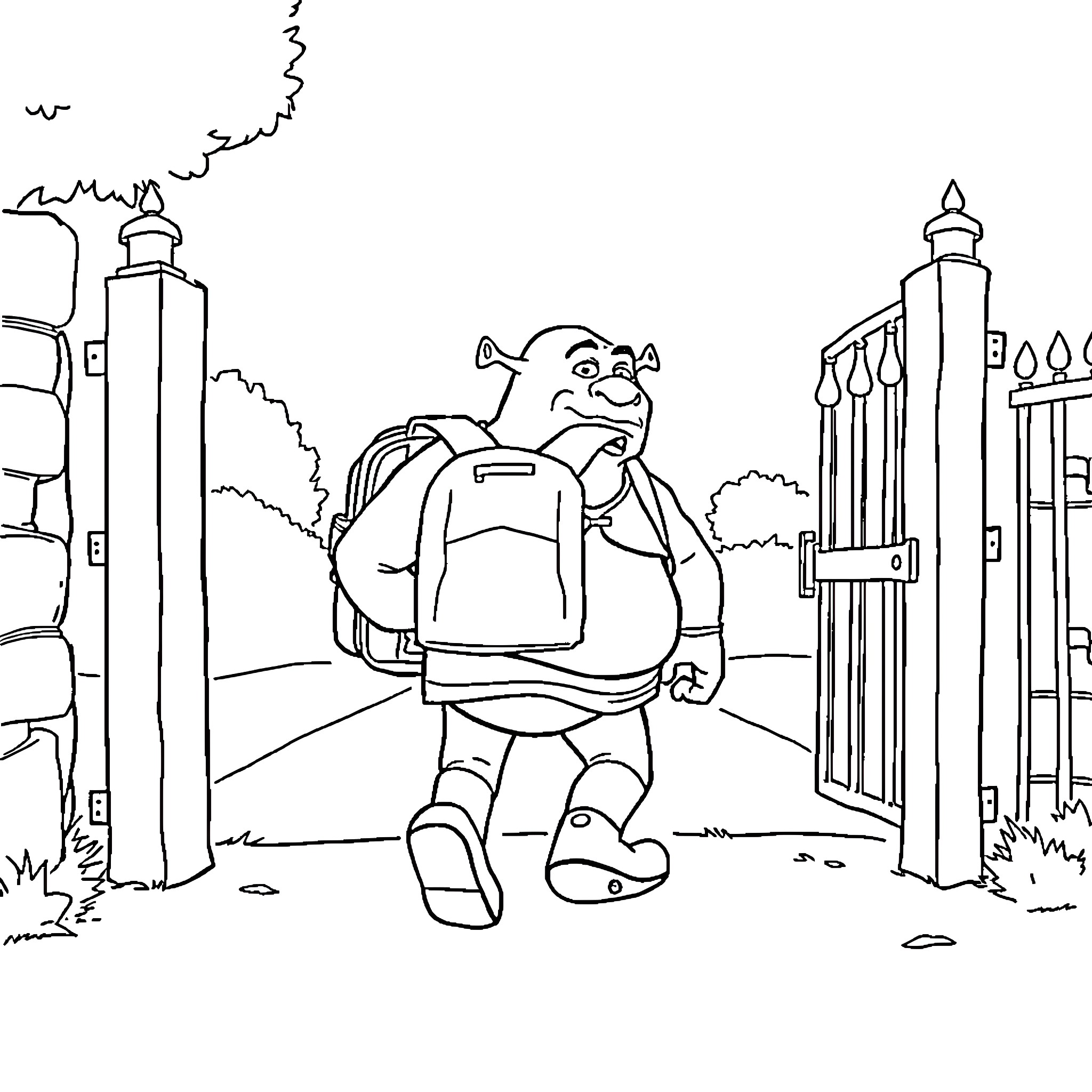 Shrek walks through city gate with backpack Coloring Page (free black-and-white line drawing printable PDF for all, from beginners to advanced learners, including children, teens, adults, and seniors)
