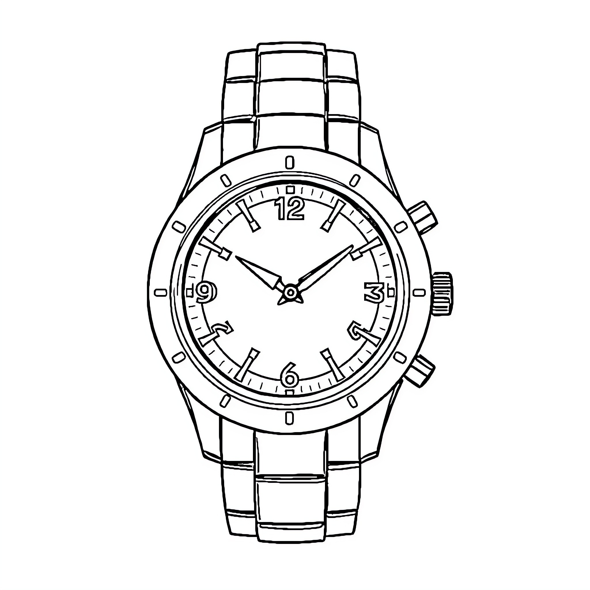 Montre avec cadran et bracelet métallique Coloring Page (free black-and-white line drawing printable PDF for all, from beginners to advanced learners, including children, teens, adults, and seniors)