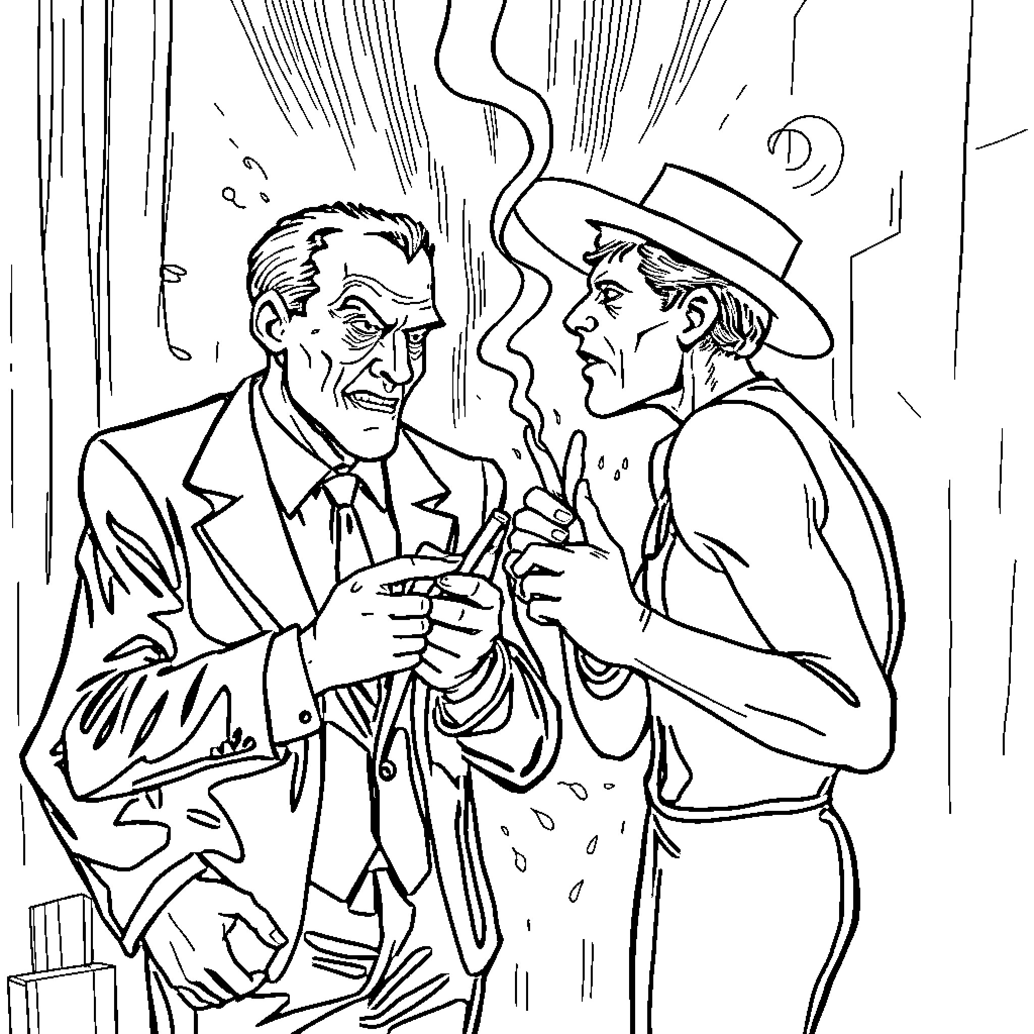 Cheaters confronting each other in a smoky room Coloring Page (free black-and-white line drawing printable PDF for all, from beginners to advanced learners, including children, teens, adults, and seniors)