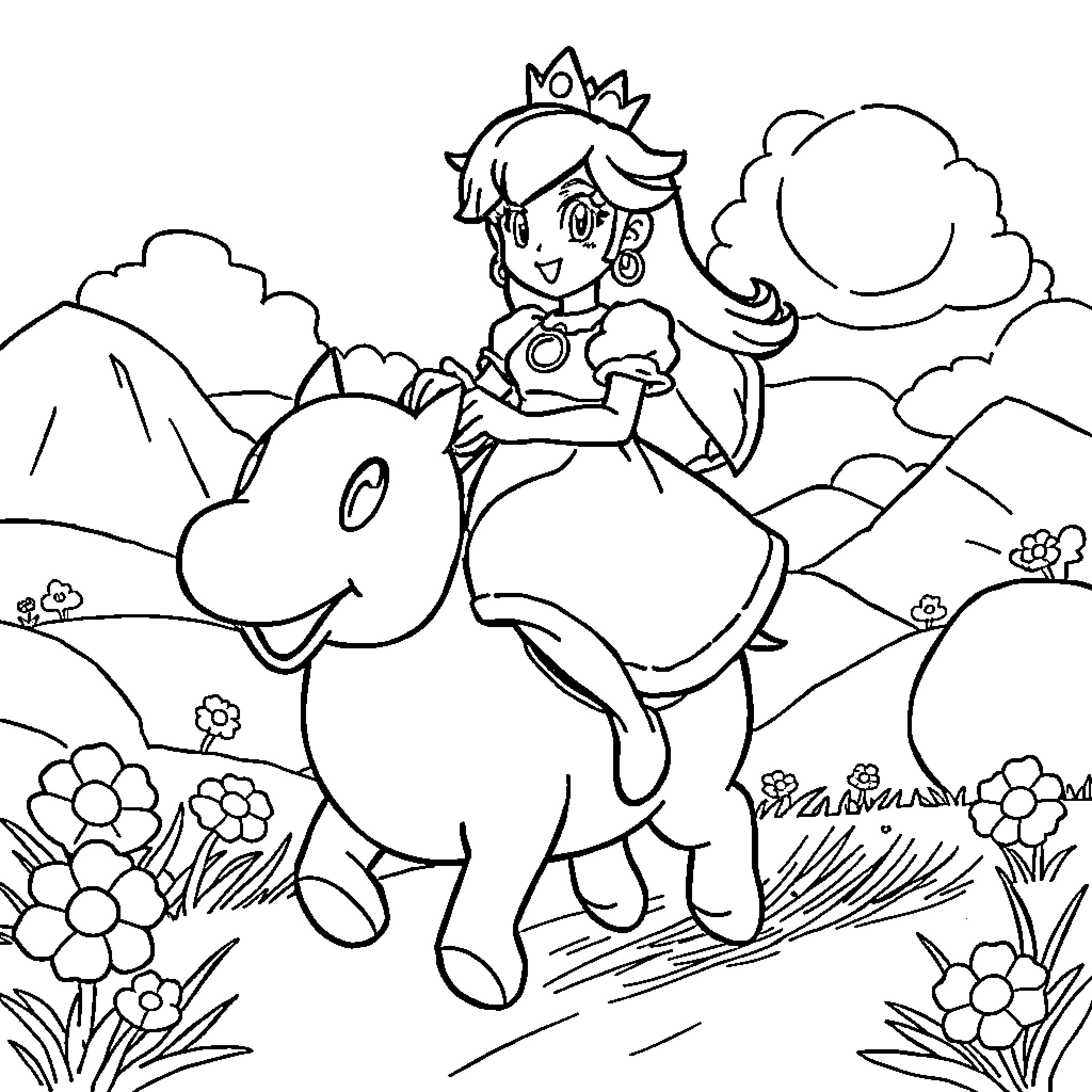 Princess riding happily on a horse in the meadow Coloring Page (free black-and-white line drawing printable PDF for all, from beginners to advanced learners, including children, teens, adults, and seniors)