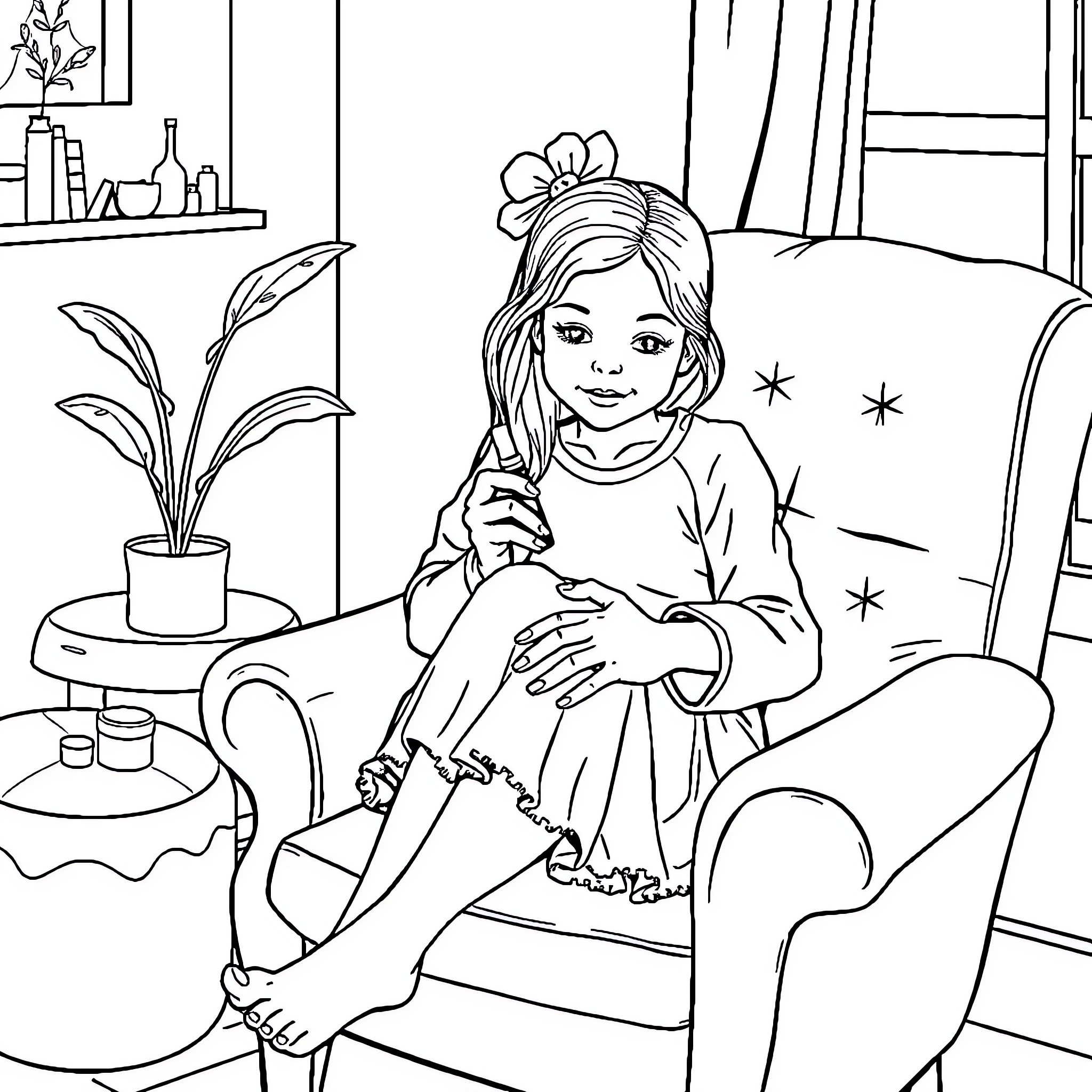 Girl relaxing comfortably in cozy armchair Coloring Page (free black-and-white line drawing printable PDF for all, from beginners to advanced learners, including children, teens, adults, and seniors)