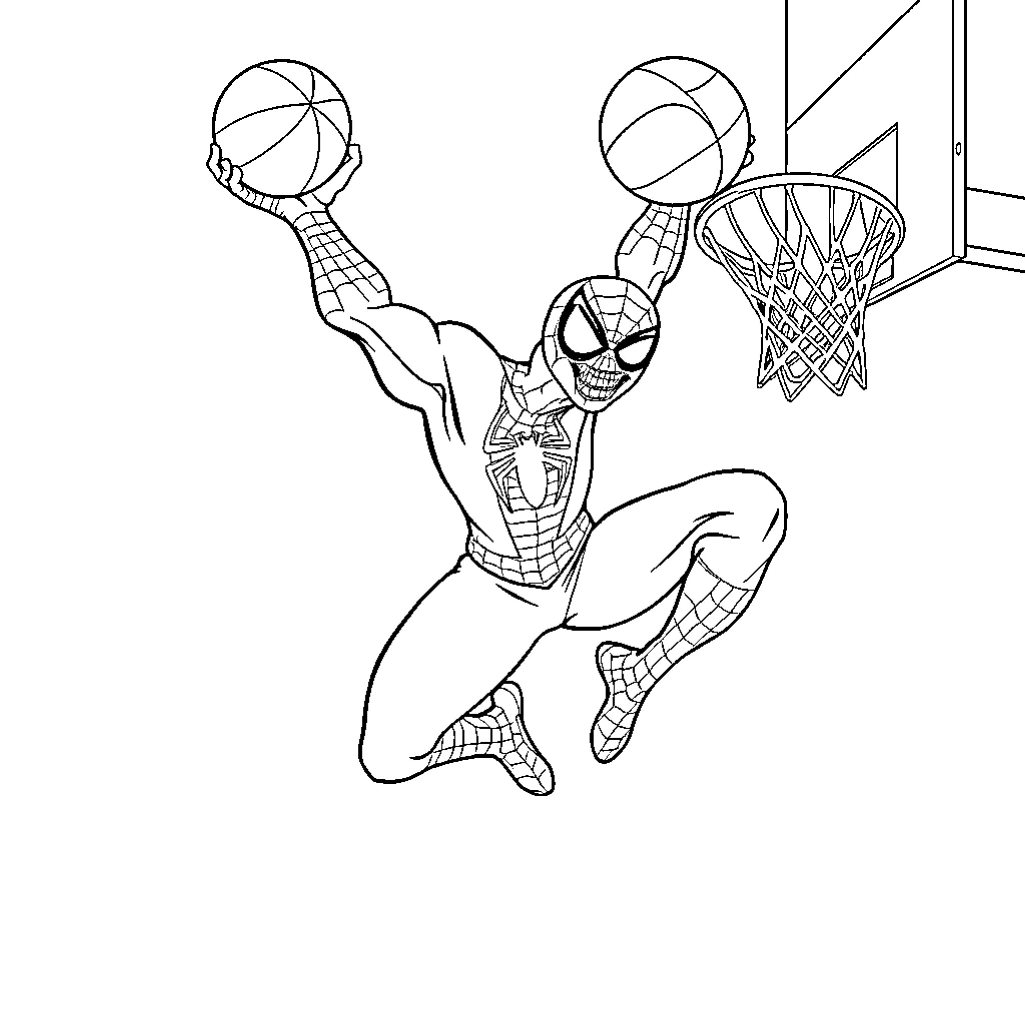 Spiderman playing basketball in action Coloring Page (free black-and-white line drawing printable PDF for all, from beginners to advanced learners, including children, teens, adults, and seniors)
