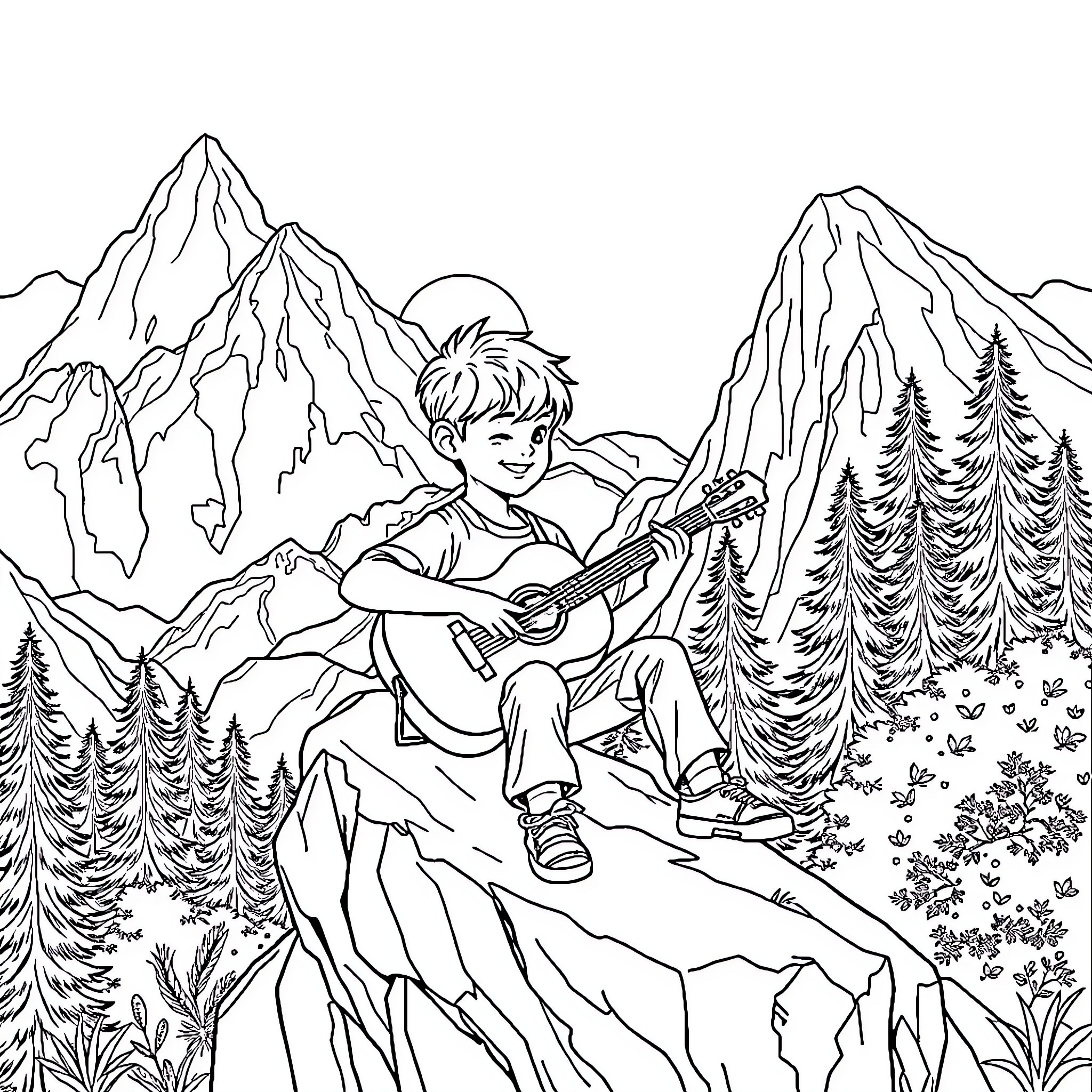Boy playing guitar in the mountain landscape Coloring Page (free black-and-white line drawing printable PDF for all, from beginners to advanced learners, including children, teens, adults, and seniors)