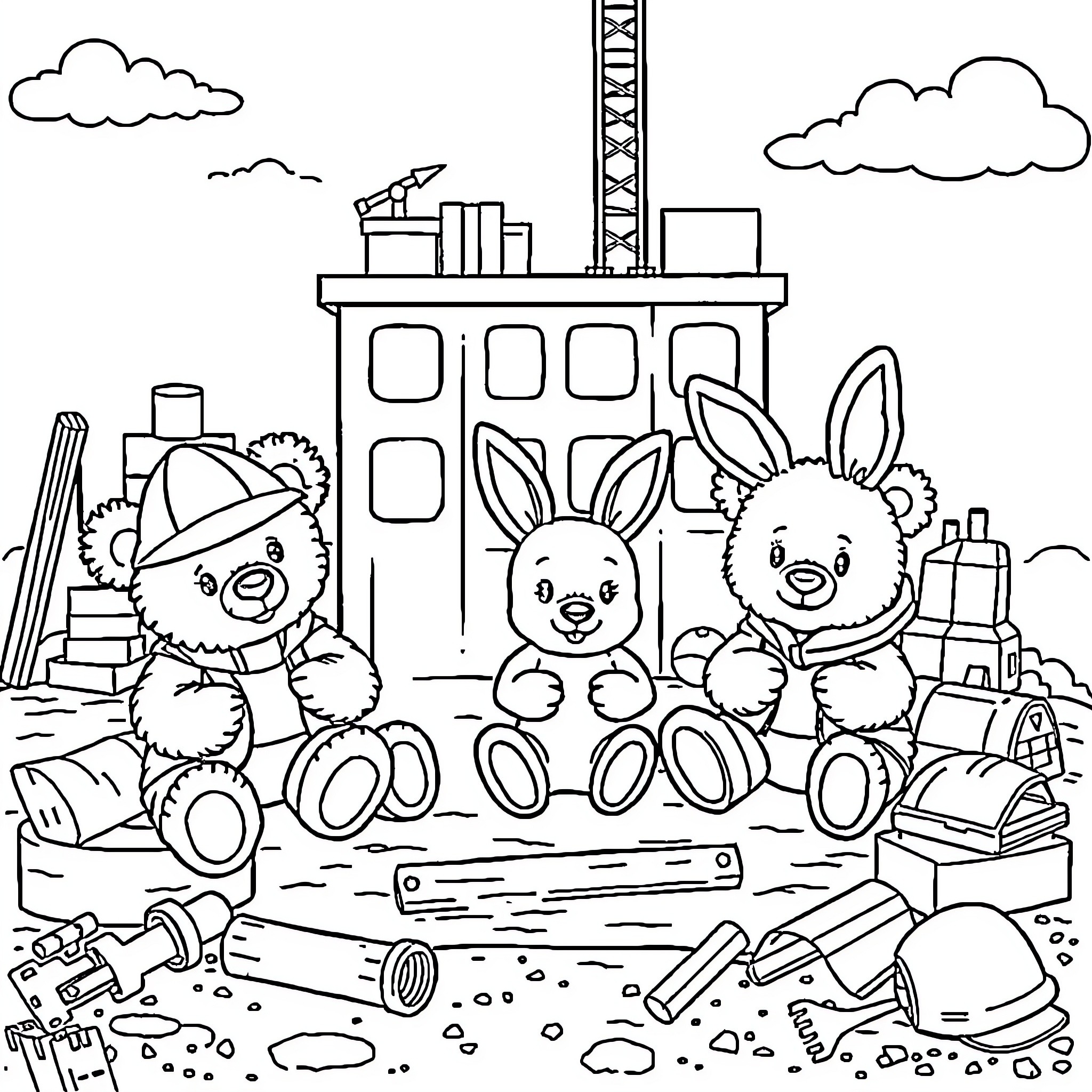 Teddy Bears Exploring the Urban Landscape Coloring Page (free black-and-white line drawing printable PDF for all, from beginners to advanced learners, including children, teens, adults, and seniors)