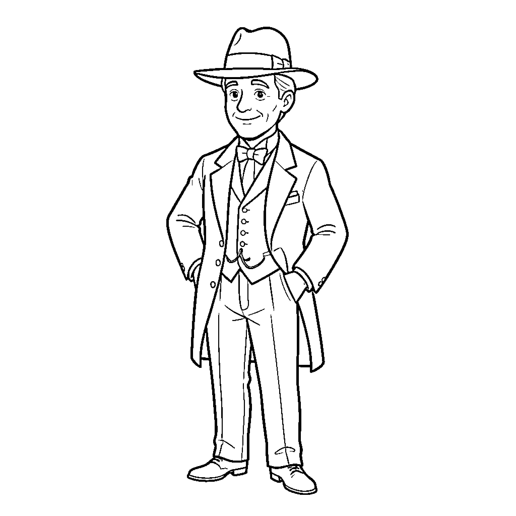 Willy Fogg standing confidently in a formal suit and hat Coloring Page (free black-and-white line drawing printable PDF for all, from beginners to advanced learners, including children, teens, adults, and seniors)