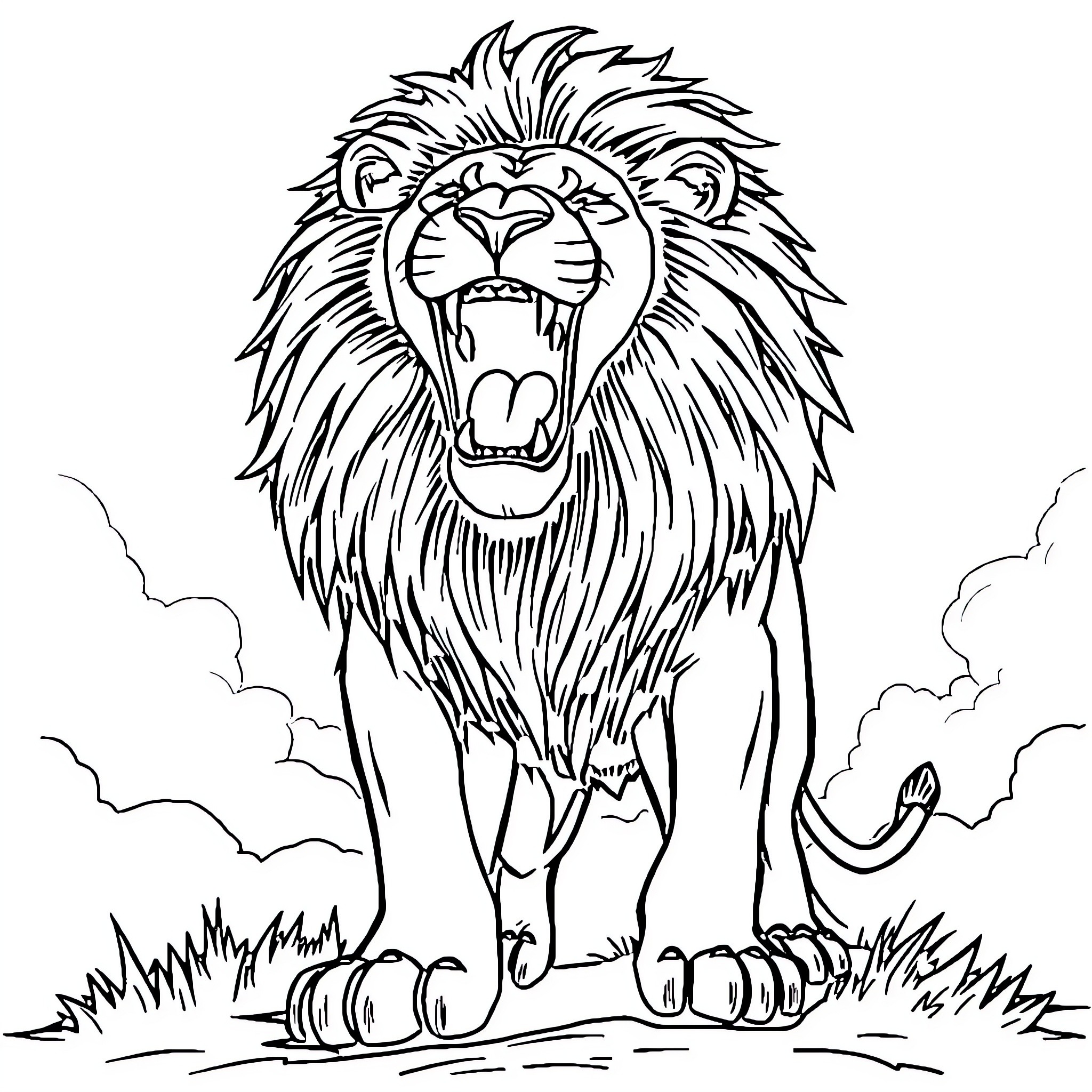 Lion roaring ferociously in the wild Coloring Page (free black-and-white line drawing printable PDF for all, from beginners to advanced learners, including children, teens, adults, and seniors)