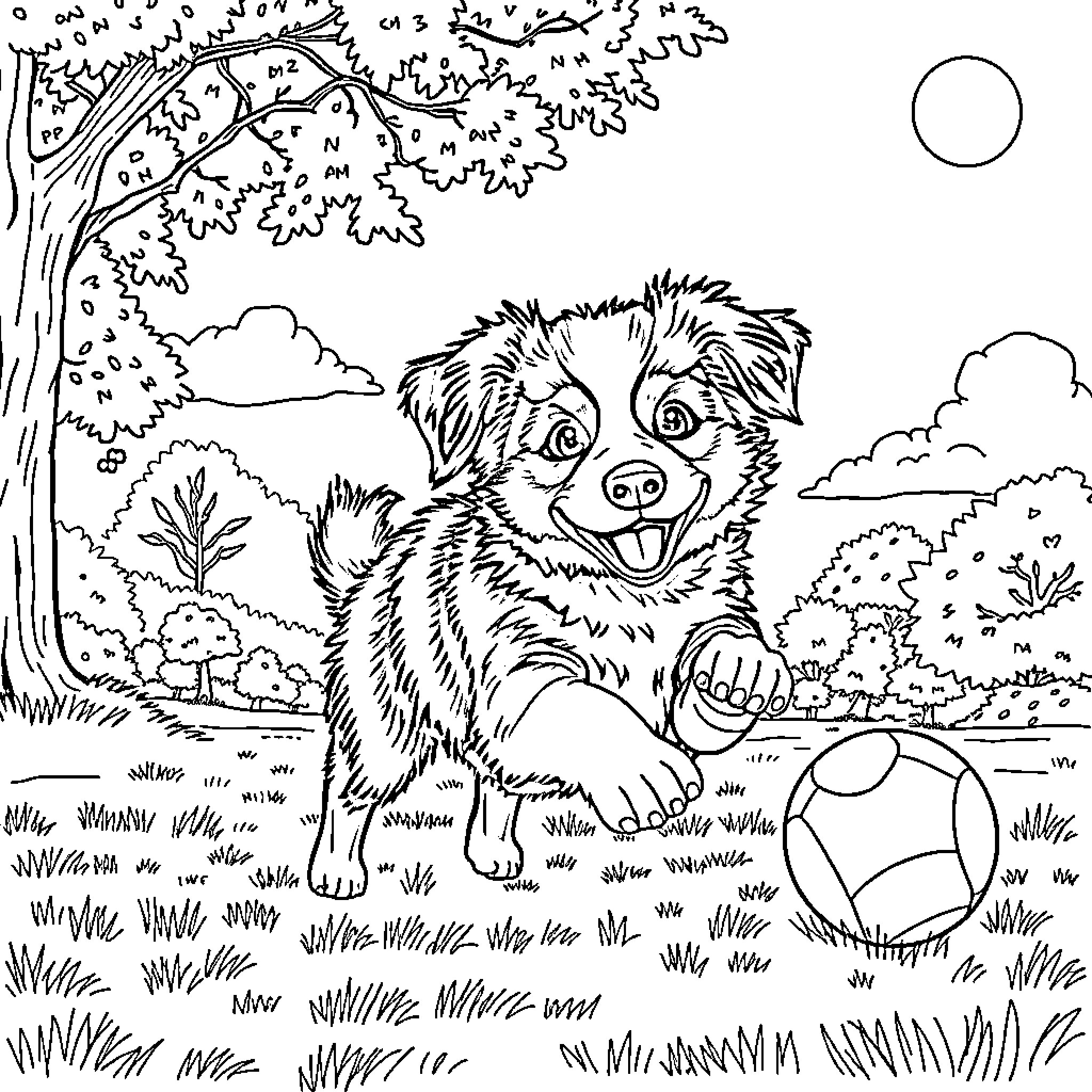 Puppy playing joyfully in the outdoor landscape Coloring Page (free black-and-white line drawing printable PDF for all, from beginners to advanced learners, including children, teens, adults, and seniors)