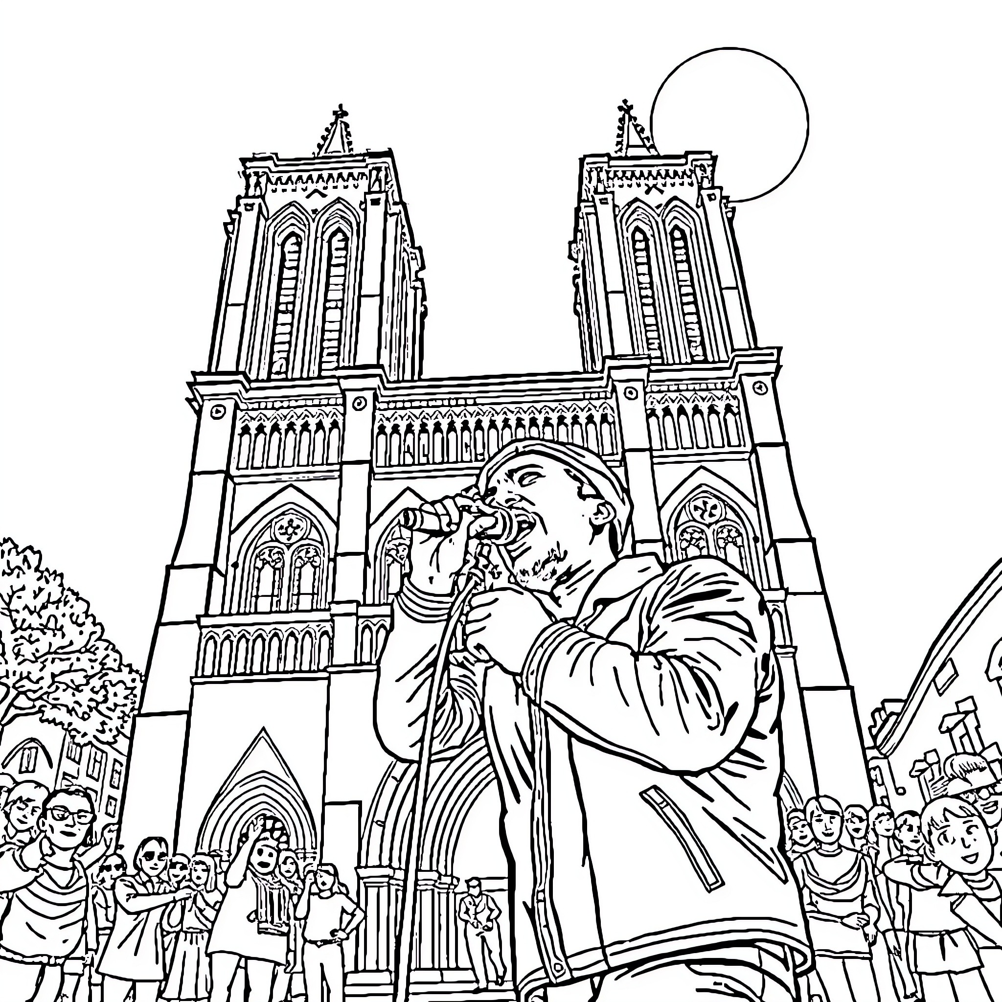 Central Cee Performing at Historic Cathedral Coloring Page (free black-and-white line drawing printable PDF for all, from beginners to advanced learners, including children, teens, adults, and seniors)