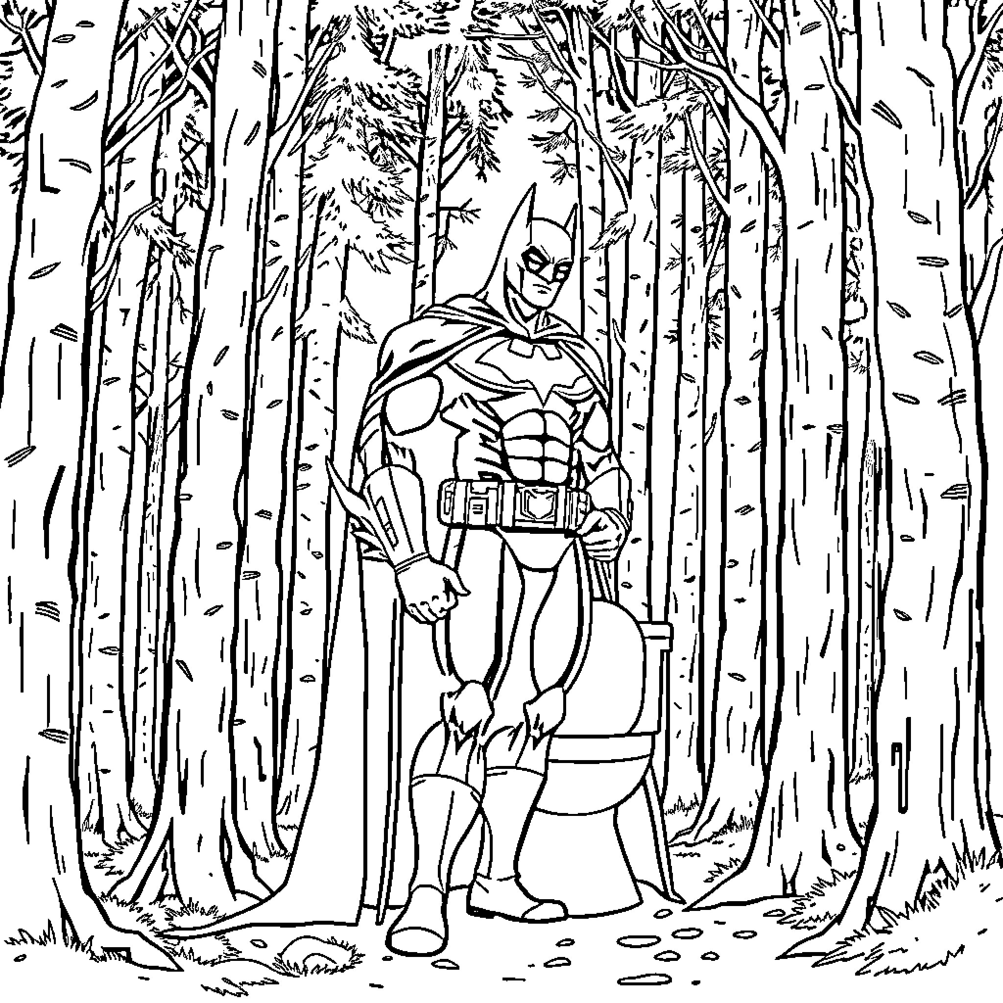 Batman stands vigilant in the forest Coloring Page (free black-and-white line drawing printable PDF for all, from beginners to advanced learners, including children, teens, adults, and seniors)