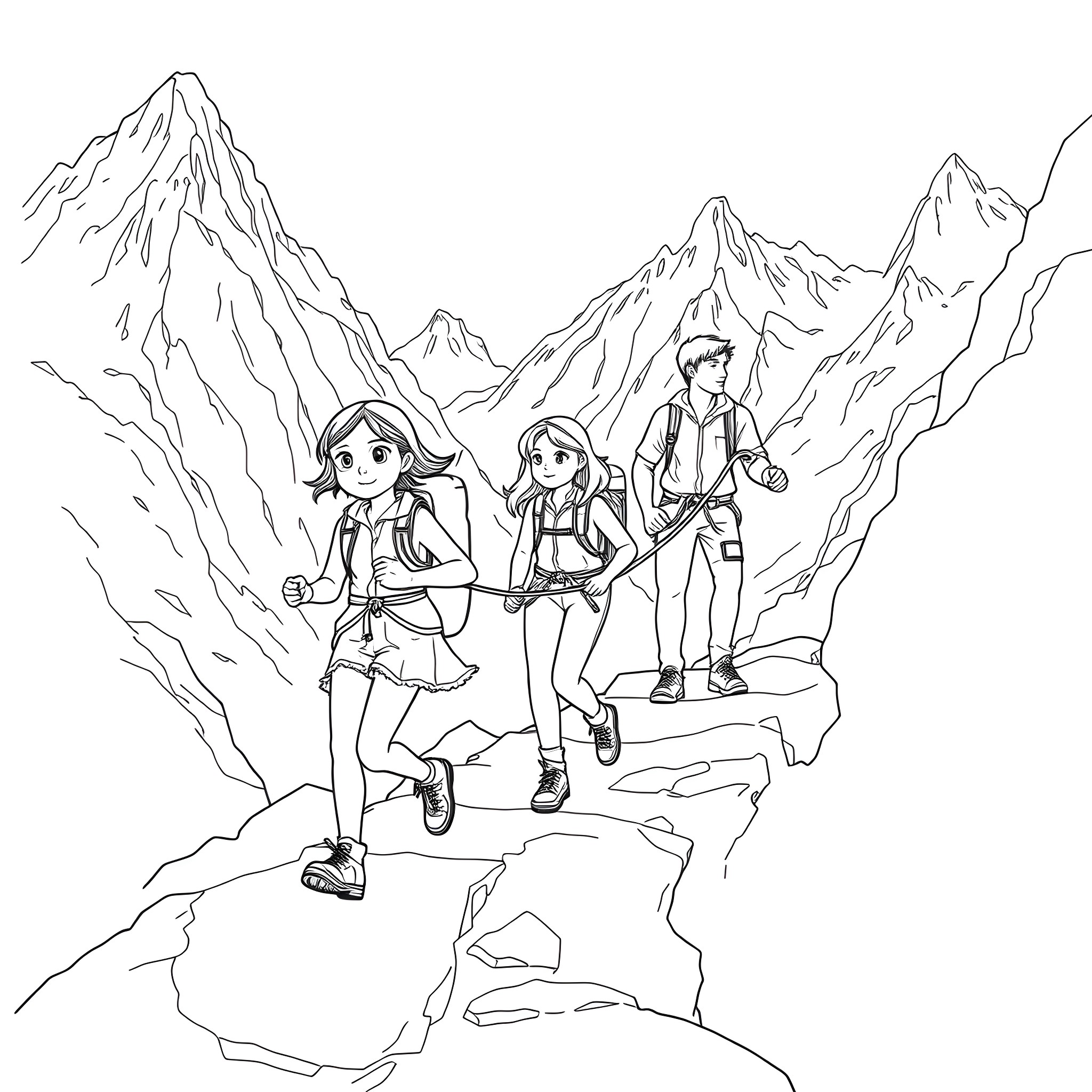 Girl Hikers Exploring Mountainous Terrain Coloring Page (free black-and-white line drawing printable PDF for all, from beginners to advanced learners, including children, teens, adults, and seniors)