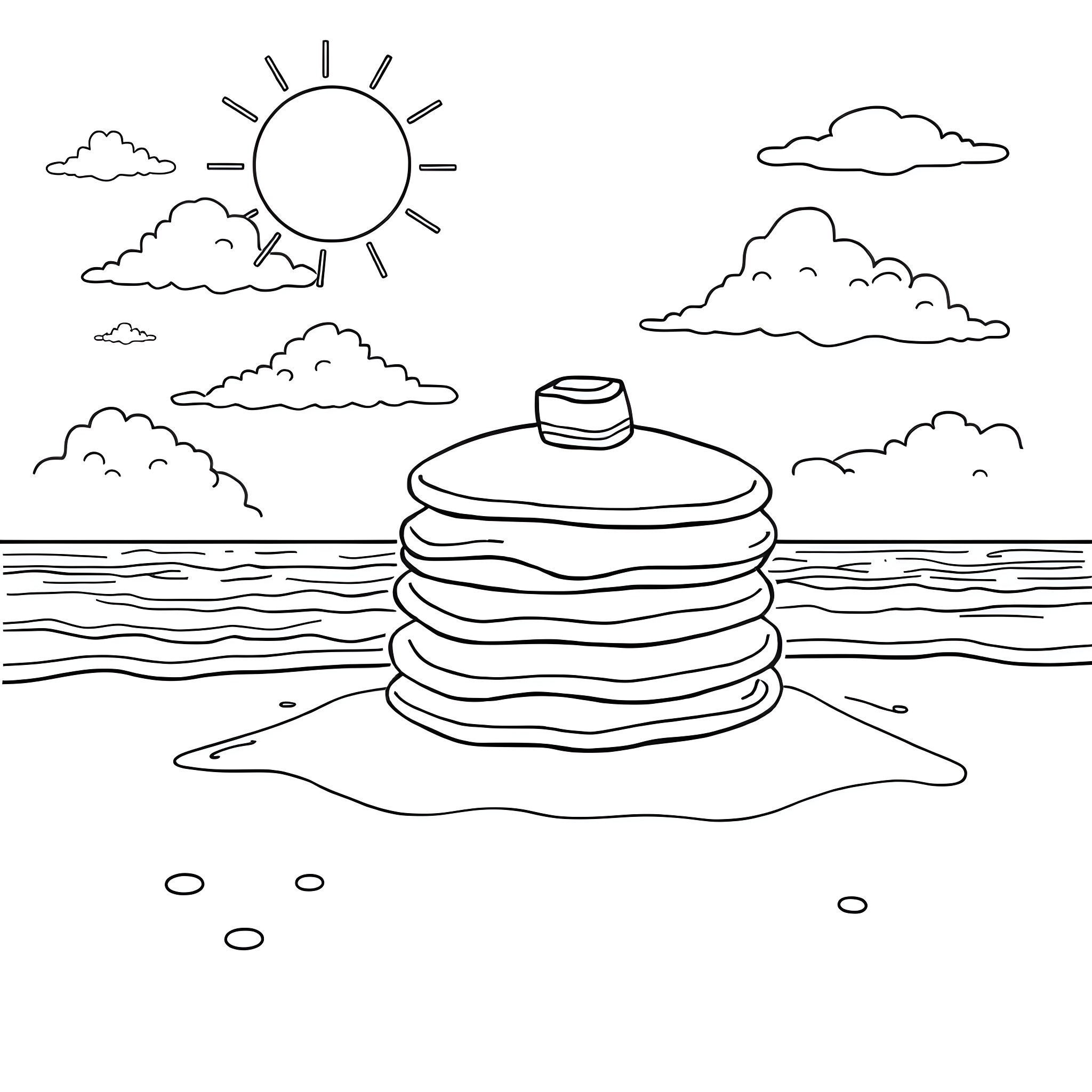 Pancake stack floating on the ocean Coloring Page (free black-and-white line drawing printable PDF for all, from beginners to advanced learners, including children, teens, adults, and seniors)