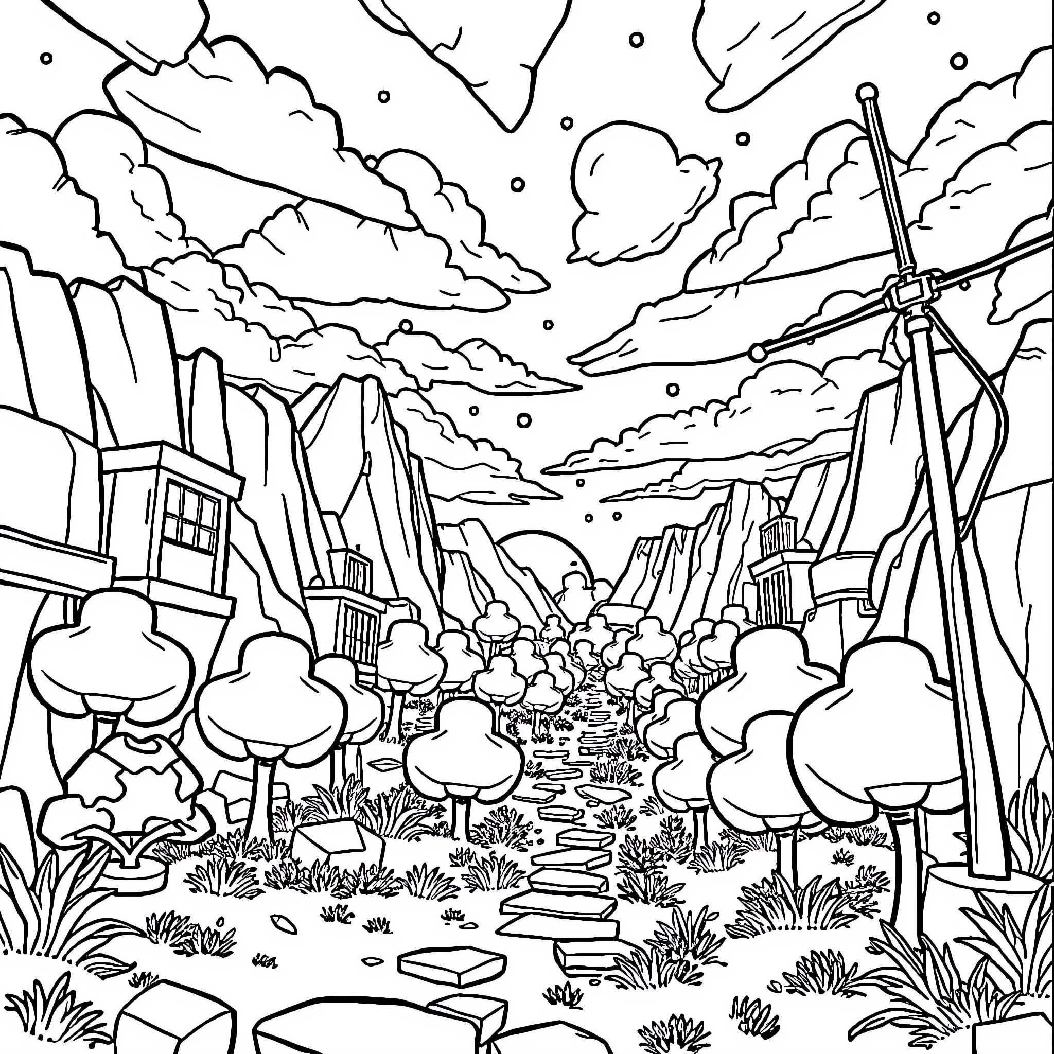 Roblox Adventure in a Whimsical Landscape Coloring Page (free black-and-white line drawing printable PDF for all, from beginners to advanced learners, including children, teens, adults, and seniors)