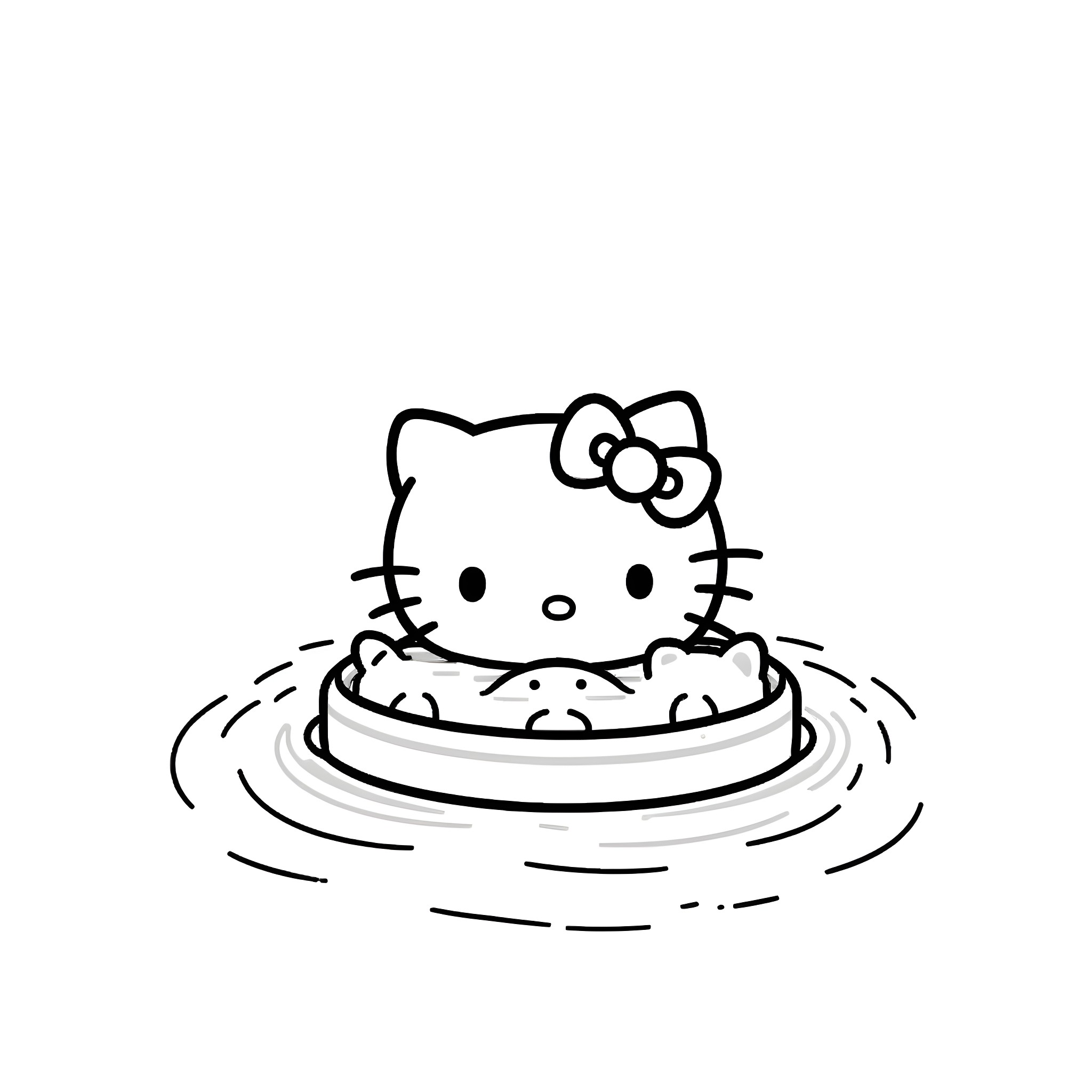Hello Kitty swimming playfully in water Coloring Page (free black-and-white line drawing printable PDF for all, from beginners to advanced learners, including children, teens, adults, and seniors)