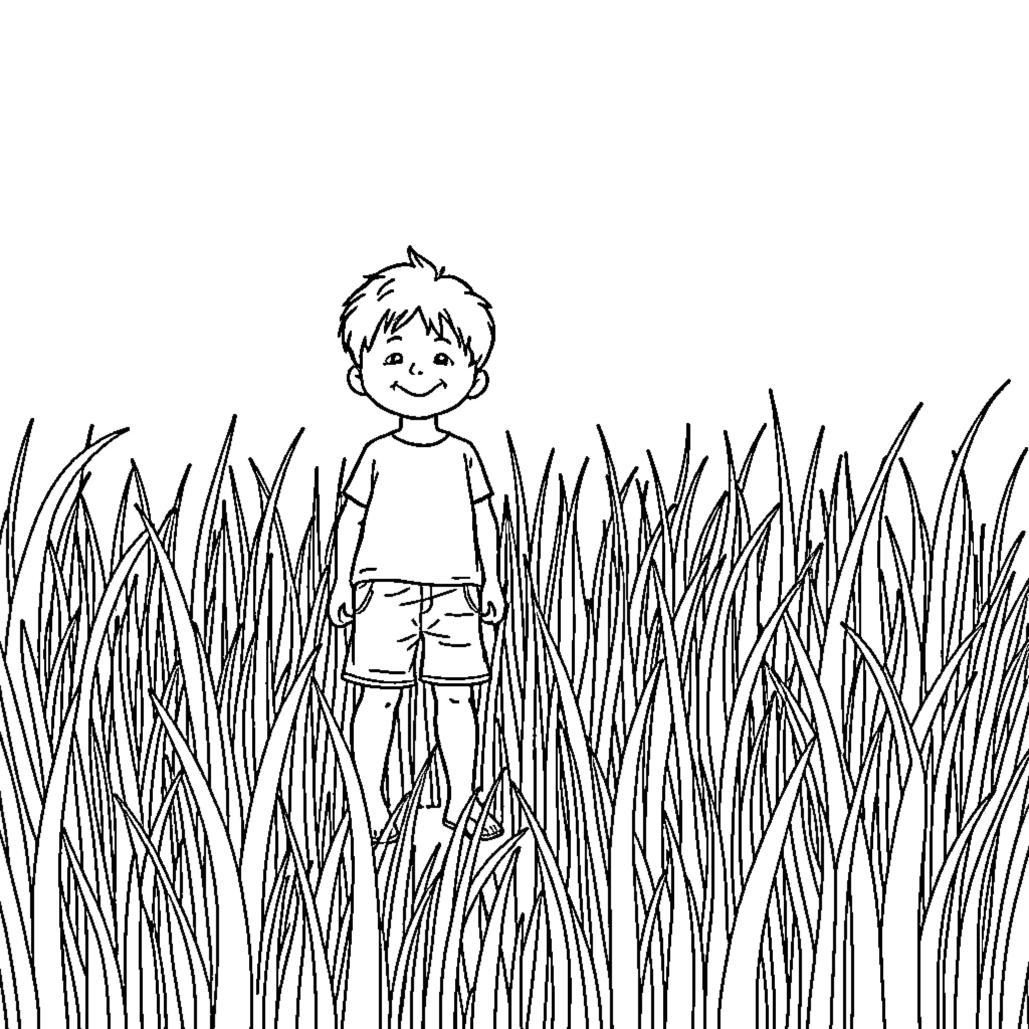 Kid exploring the tall grass field Coloring Page (free black-and-white line drawing printable PDF for all, from beginners to advanced learners, including children, teens, adults, and seniors)