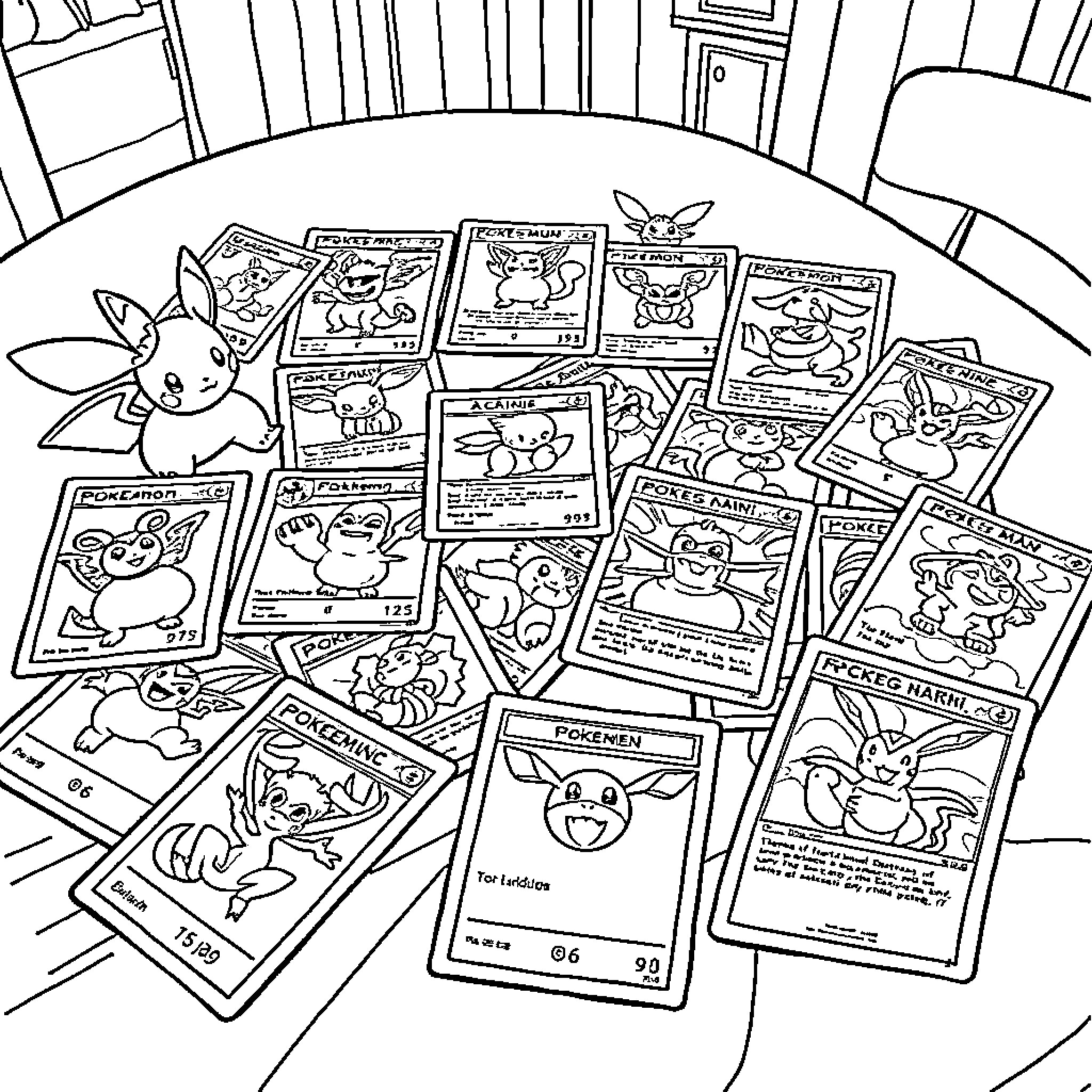 Pokemon Card Collection on Wooden Surface Coloring Page (free black-and-white line drawing printable PDF for all, from beginners to advanced learners, including children, teens, adults, and seniors)