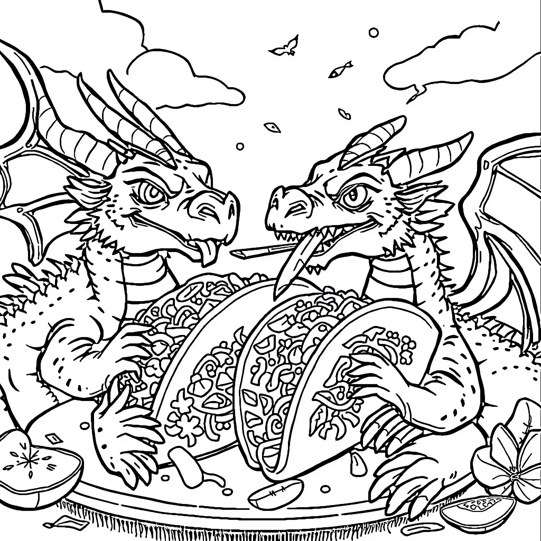 Dragon warriors engaged in fierce battle Coloring Page (free black-and-white line drawing printable PDF for all, from beginners to advanced learners, including children, teens, adults, and seniors)