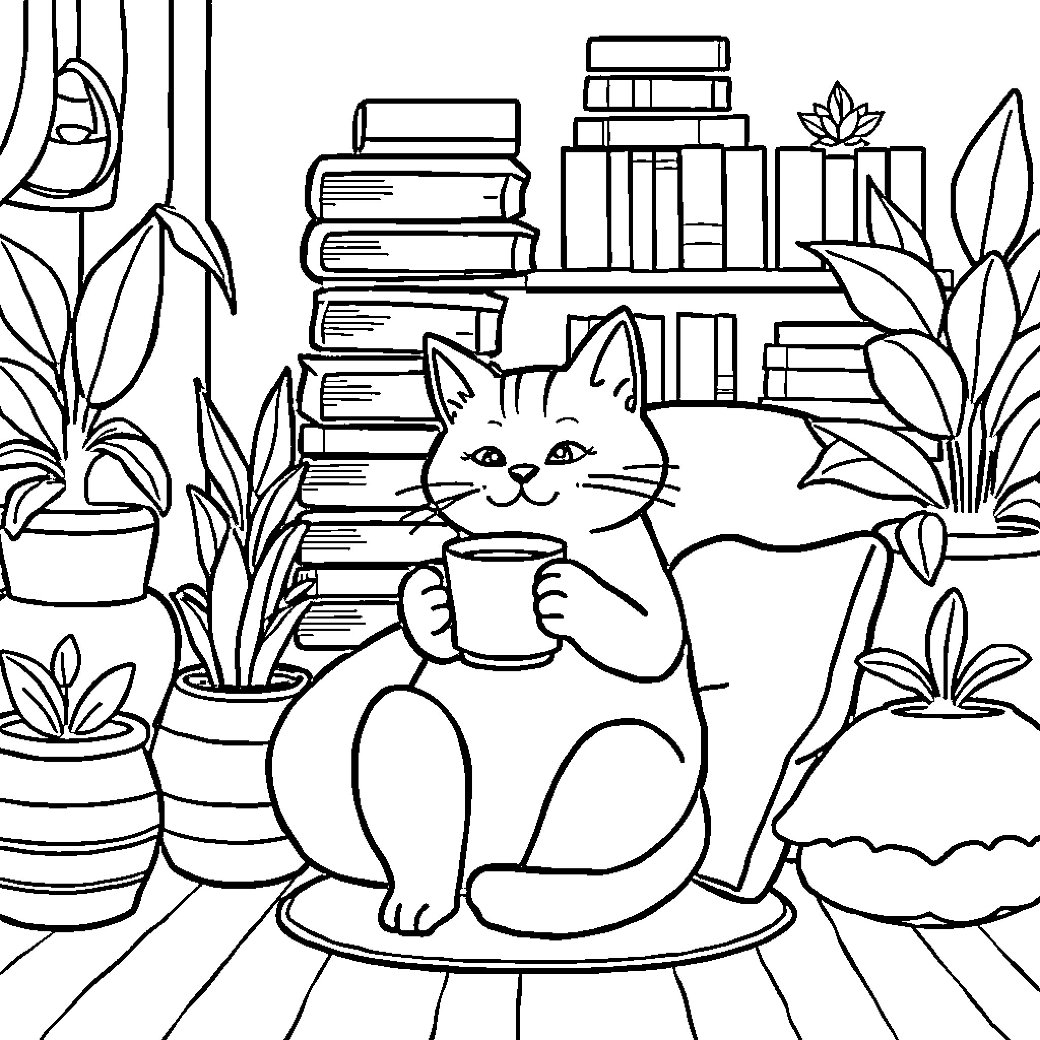 Cat enjoying a cozy reading nook Coloring Page (free black-and-white line drawing printable PDF for all, from beginners to advanced learners, including children, teens, adults, and seniors)
