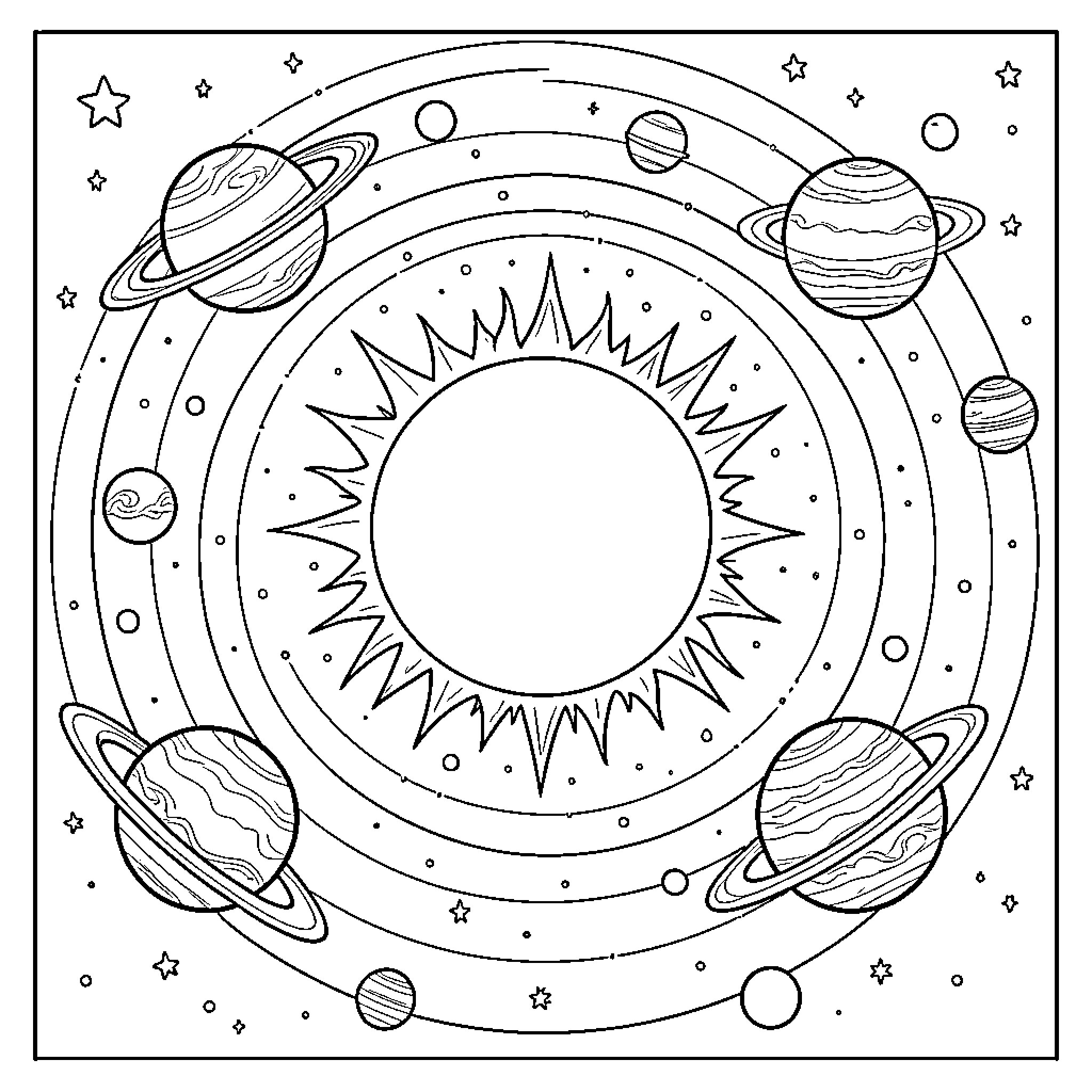 Solar System with Planets and Sun Coloring Page (free black-and-white line drawing printable PDF for all, from beginners to advanced learners, including children, teens, adults, and seniors)