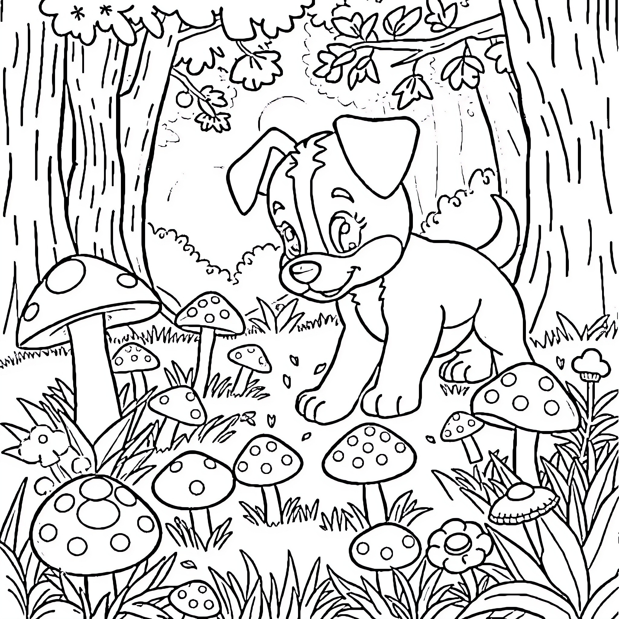 Bluey exploring the magical forest Coloring Page (free black-and-white line drawing printable PDF for all, from beginners to advanced learners, including children, teens, adults, and seniors)