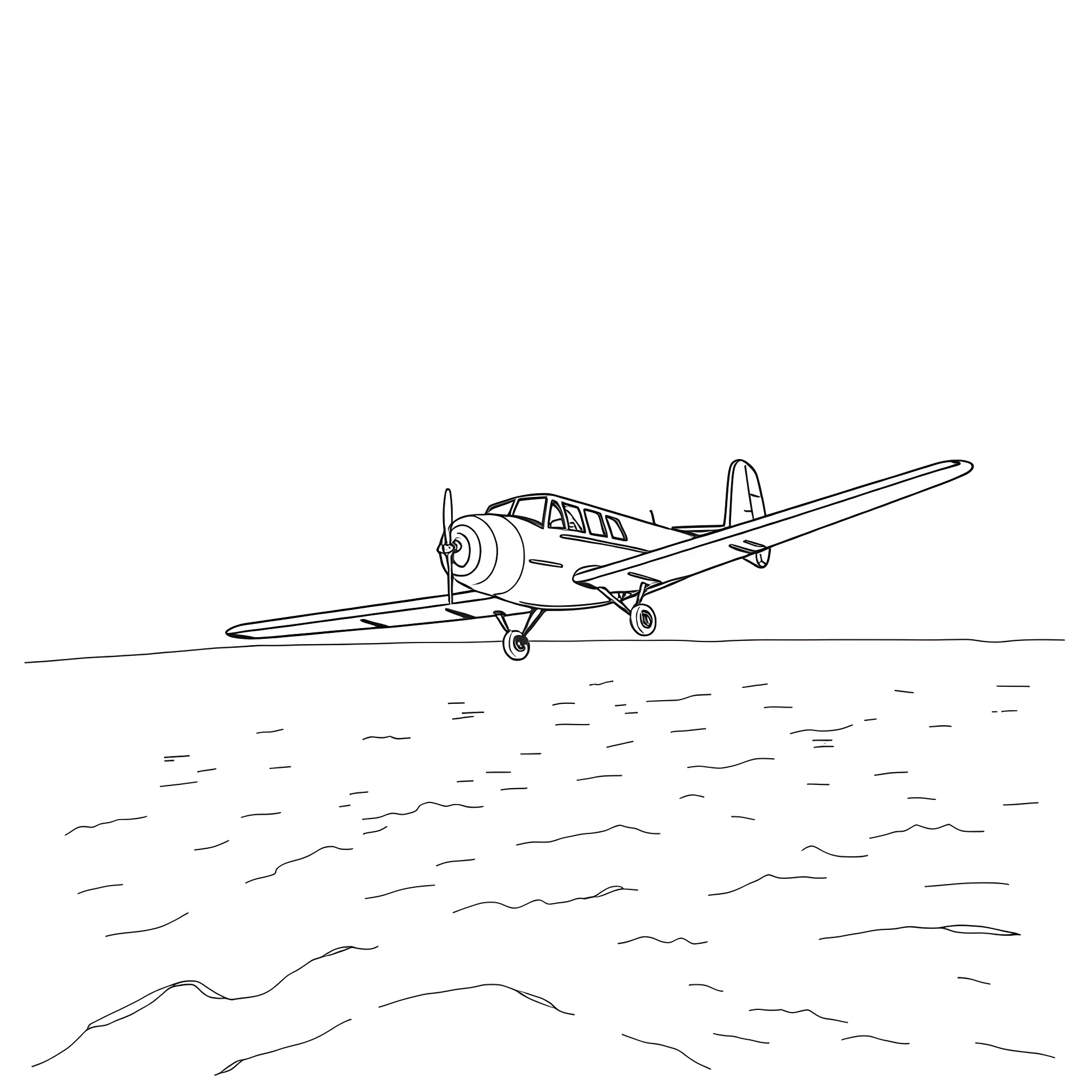 Spirit Of St. Louis Aircraft Flying Over Landscape Coloring Page (free black-and-white line drawing printable PDF for all, from beginners to advanced learners, including children, teens, adults, and seniors)