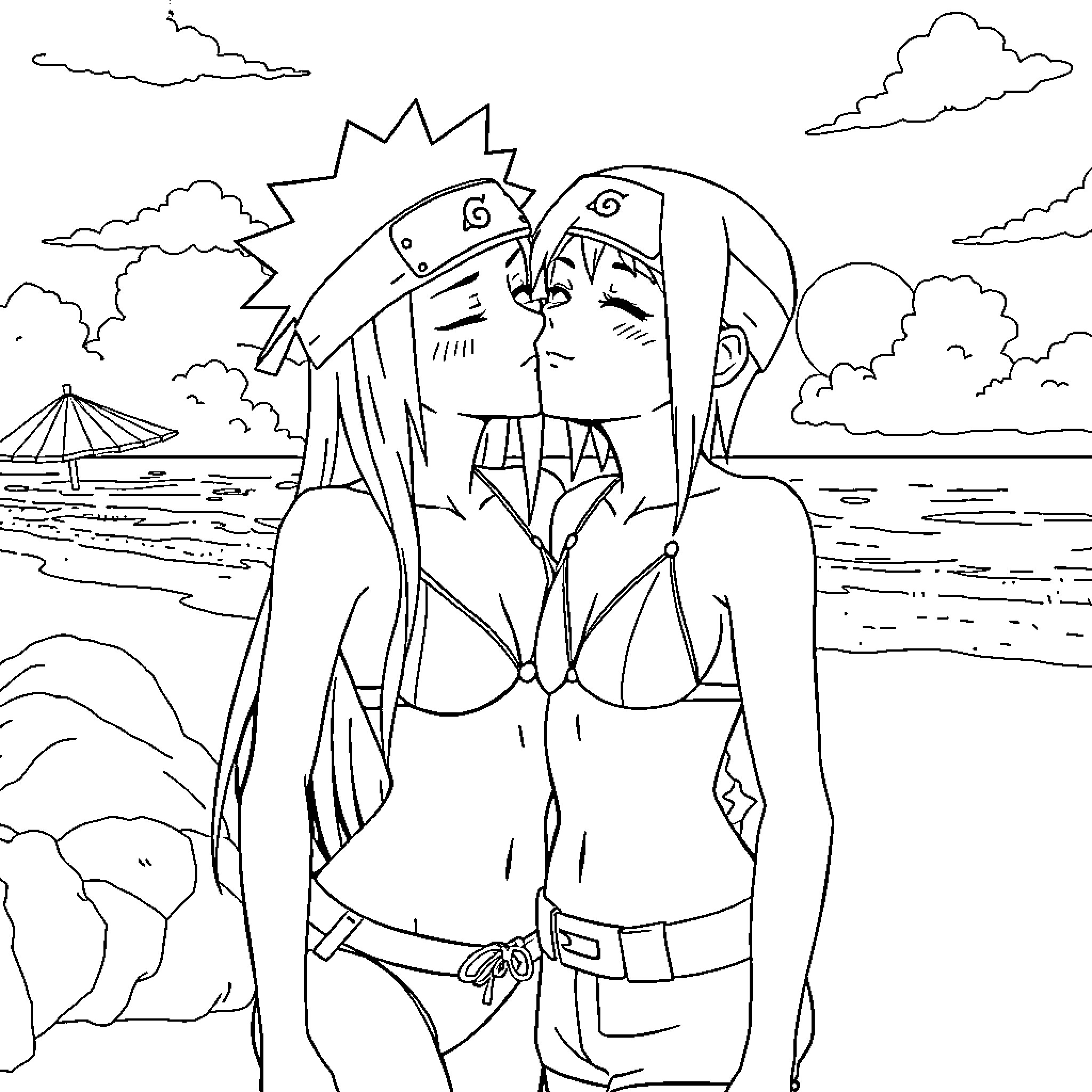 Hinata and Naruto enjoying the beach together Coloring Page (free black-and-white line drawing printable PDF for all, from beginners to advanced learners, including children, teens, adults, and seniors)