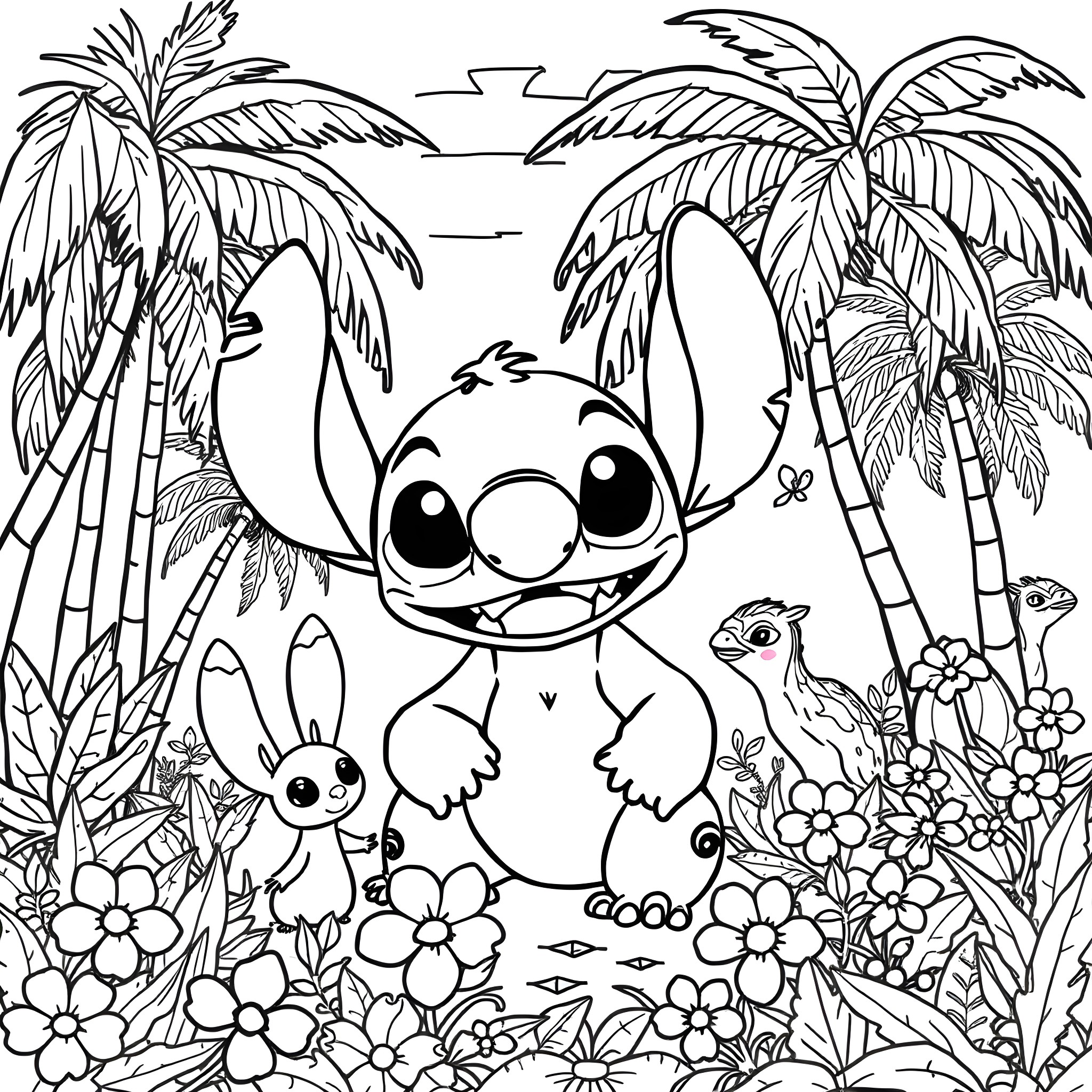 Stitch's Adventure in Tropical Paradise Coloring Page (free black-and-white line drawing printable PDF for all, from beginners to advanced learners, including children, teens, adults, and seniors)