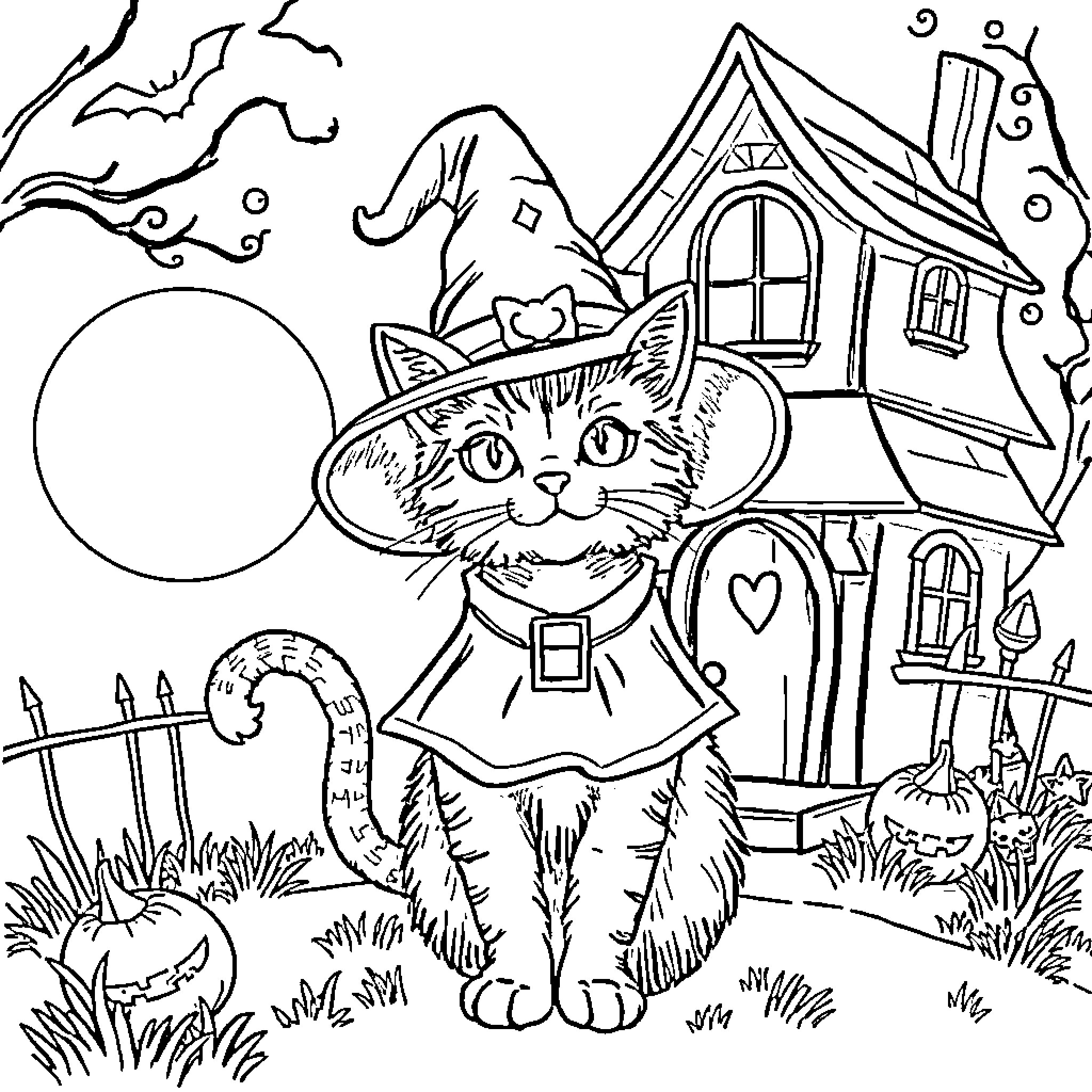 Cat in Witch's Costume Exploring Spooky Haunted House Coloring Page (free black-and-white line drawing printable PDF for all, from beginners to advanced learners, including children, teens, adults, and seniors)
