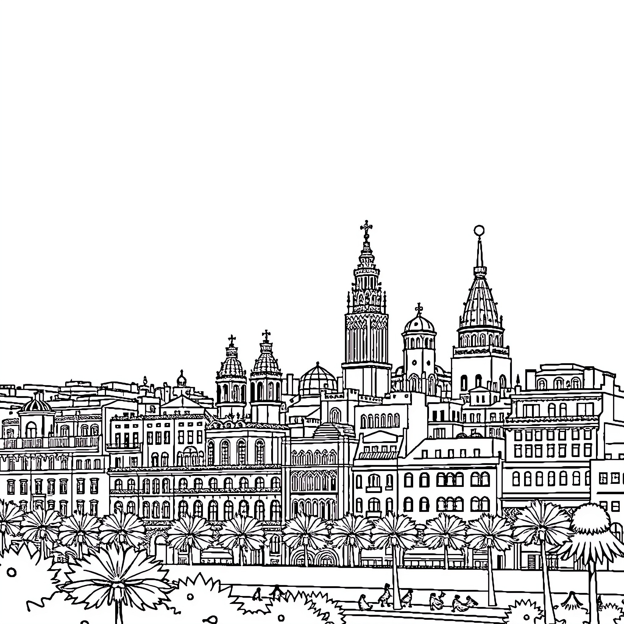 Barcelona Skyline with Iconic Landmarks and People Enjoying Outdoor Activities Coloring Page (free black-and-white line drawing printable PDF for all, from beginners to advanced learners, including children, teens, adults, and seniors)