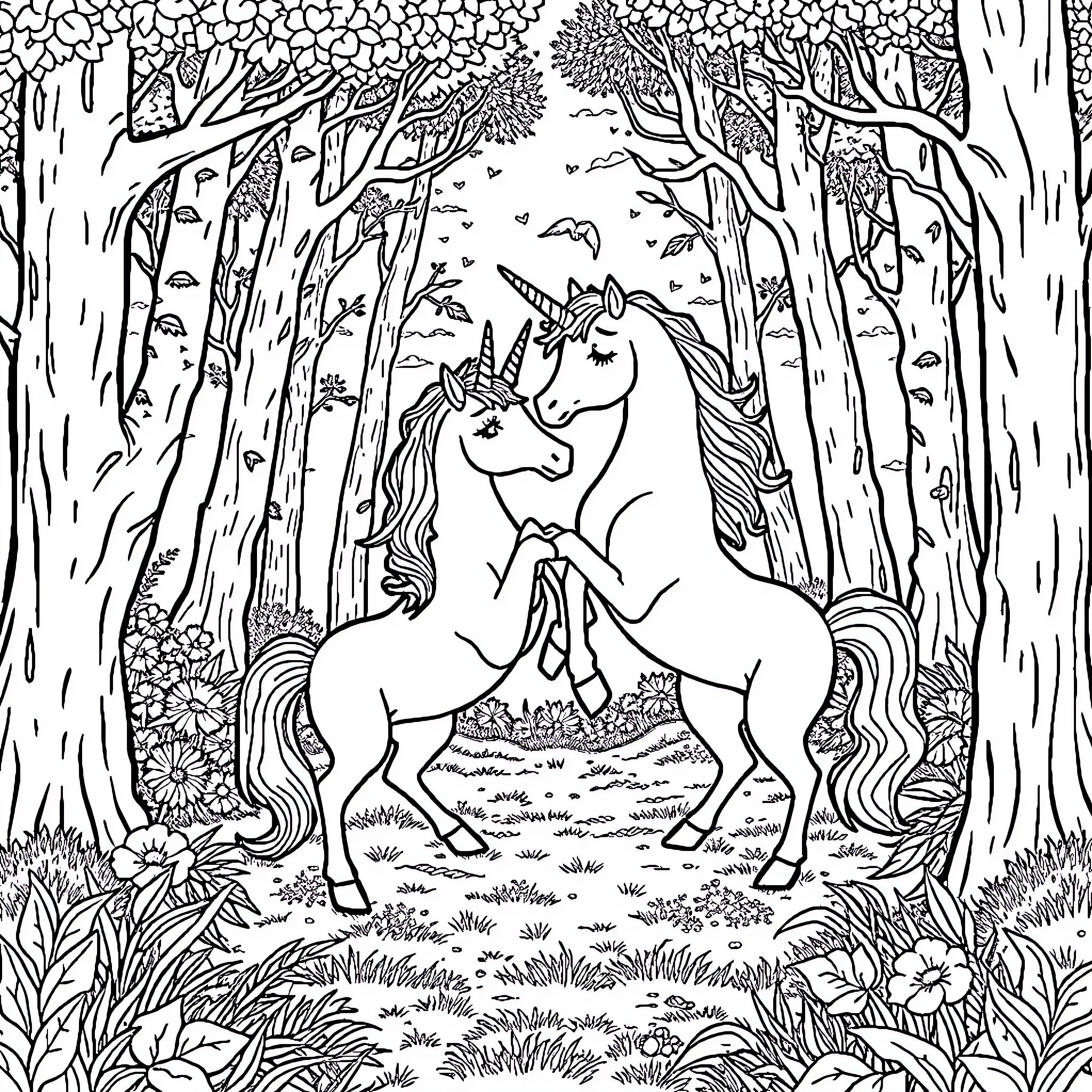 Unicorn playing with young foal in enchanted forest Coloring Page (free black-and-white line drawing printable PDF for all, from beginners to advanced learners, including children, teens, adults, and seniors)