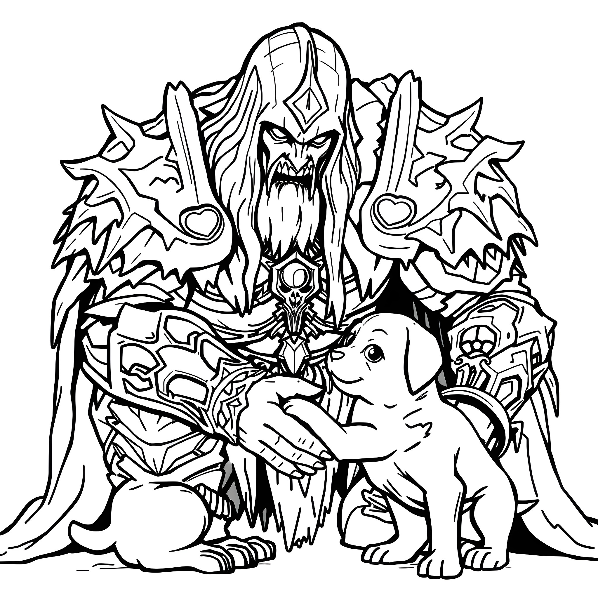 Lich King confronting a mysterious creature Coloring Page (free black-and-white line drawing printable PDF for all, from beginners to advanced learners, including children, teens, adults, and seniors)
