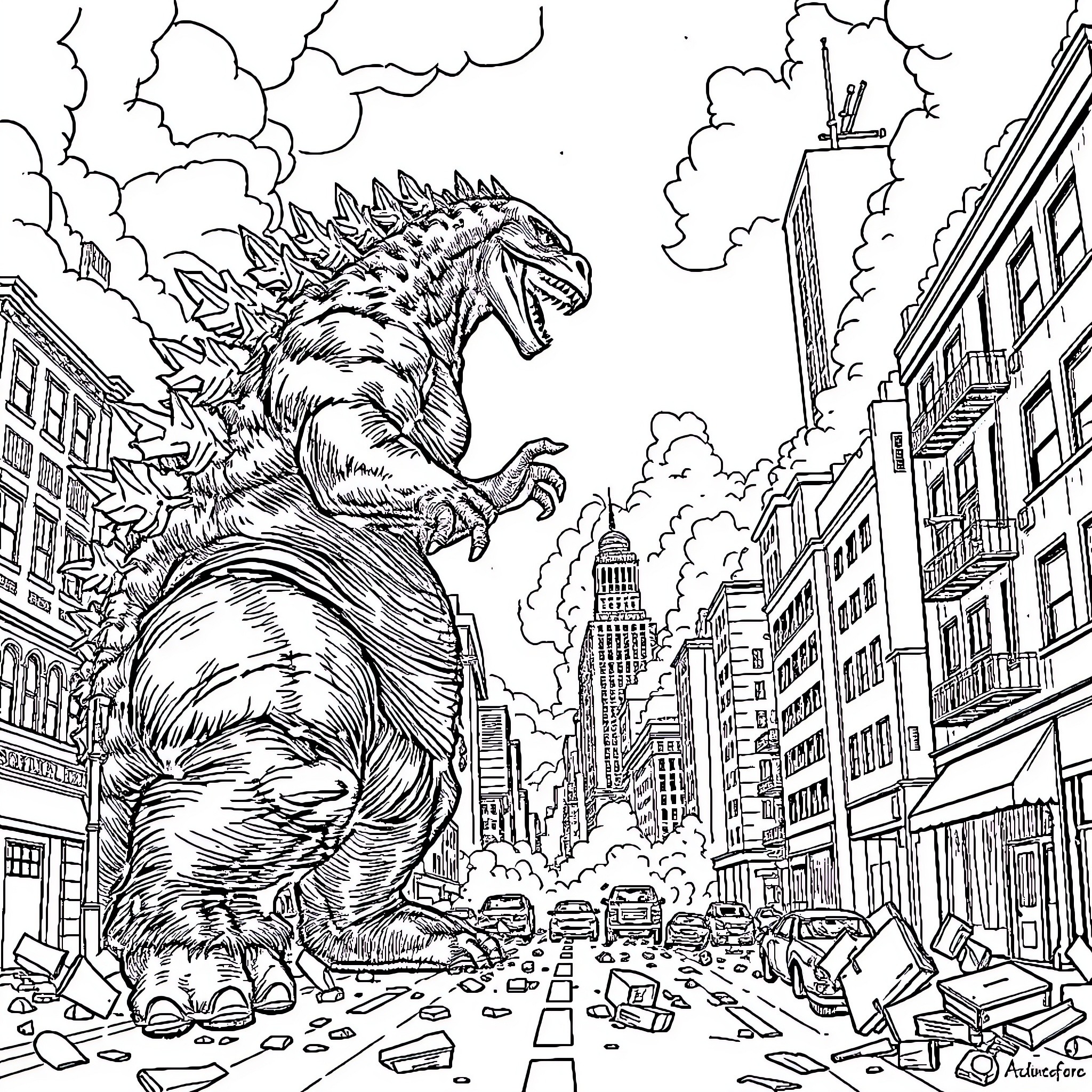 Godzilla rampaging through the city Coloring Page (free black-and-white line drawing printable PDF for all, from beginners to advanced learners, including children, teens, adults, and seniors)
