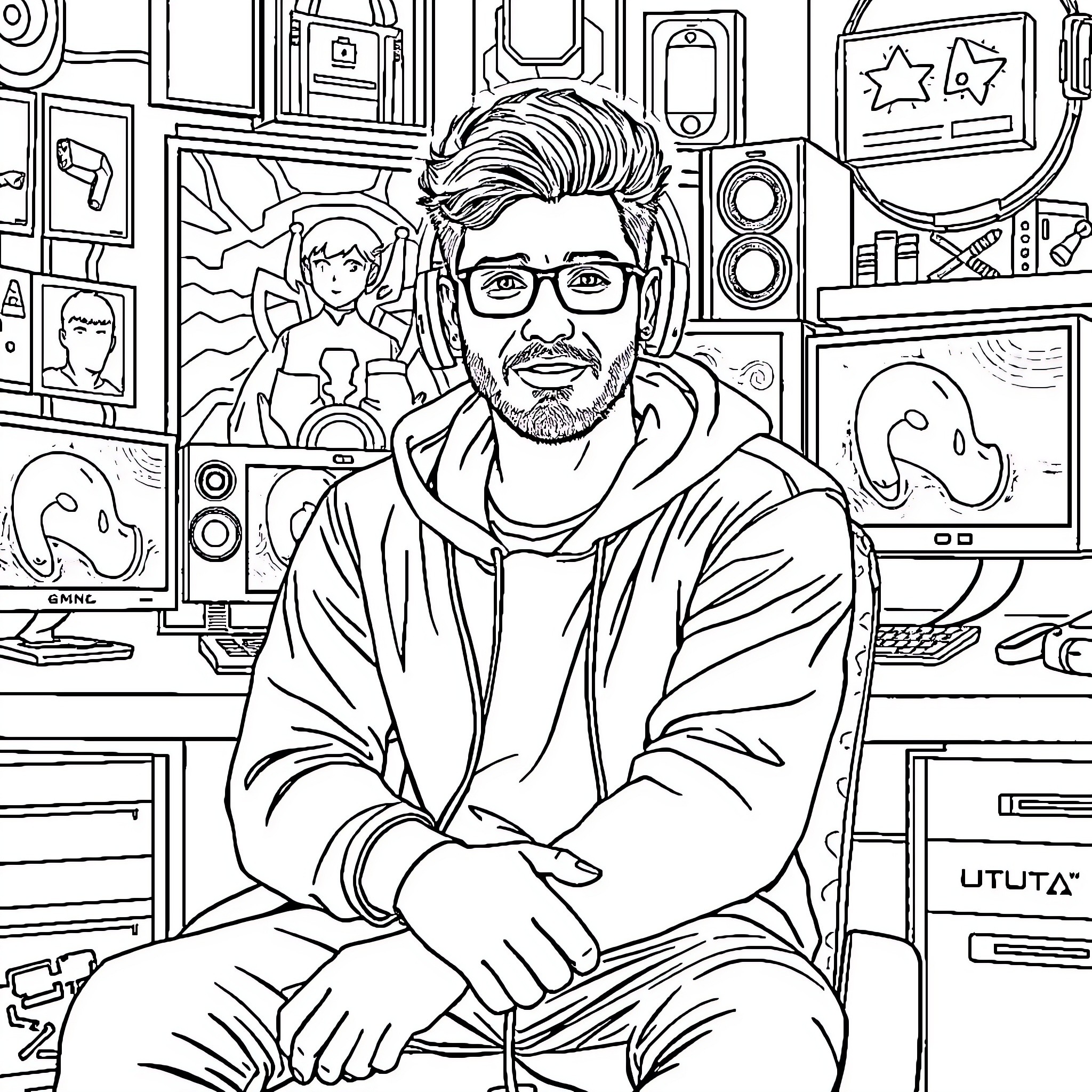 Laserluca's Creative Workspace Coloring Page (free black-and-white line drawing printable PDF for all, from beginners to advanced learners, including children, teens, adults, and seniors)