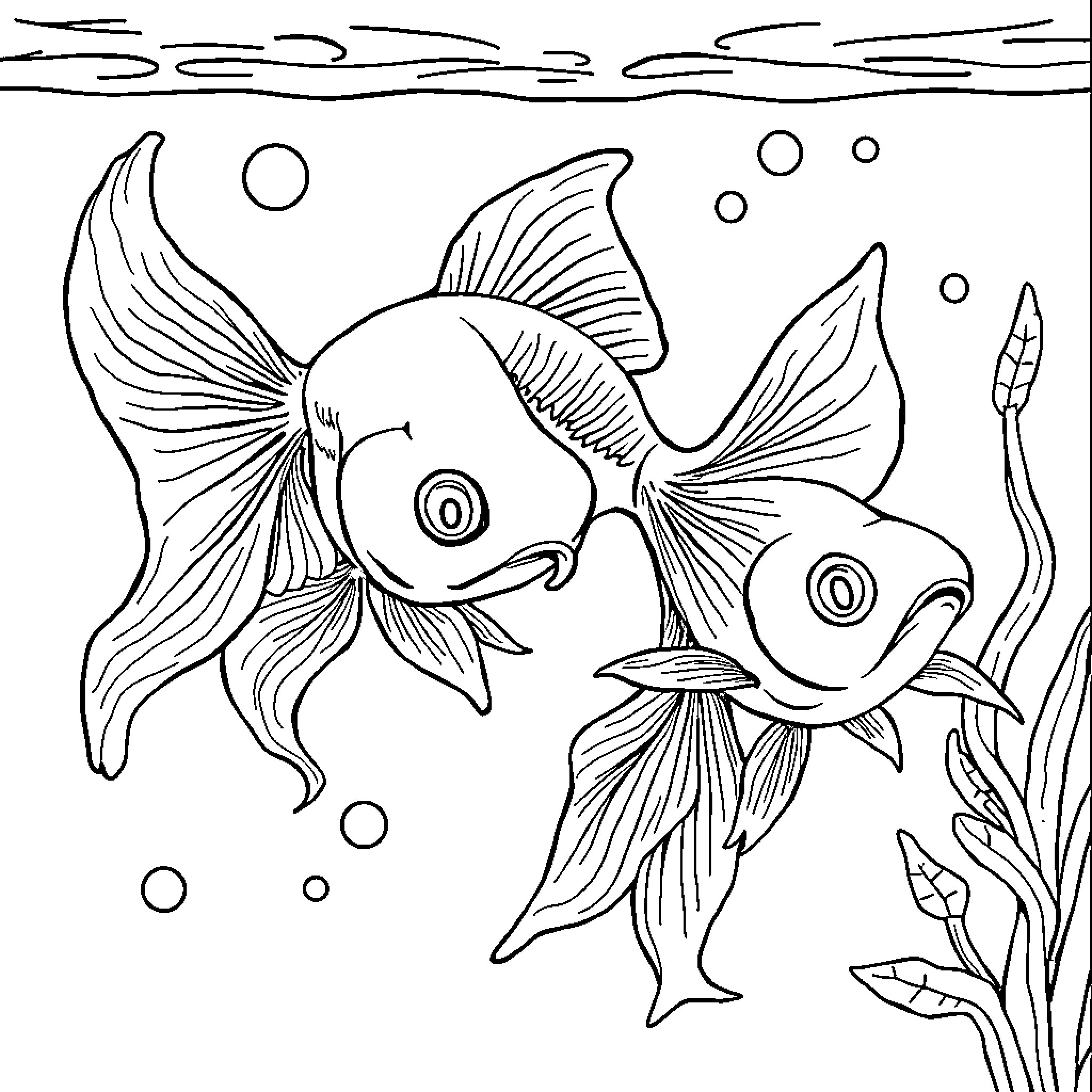 Goldfish swimming playfully in the underwater scene Coloring Page (free black-and-white line drawing printable PDF for all, from beginners to advanced learners, including children, teens, adults, and seniors)