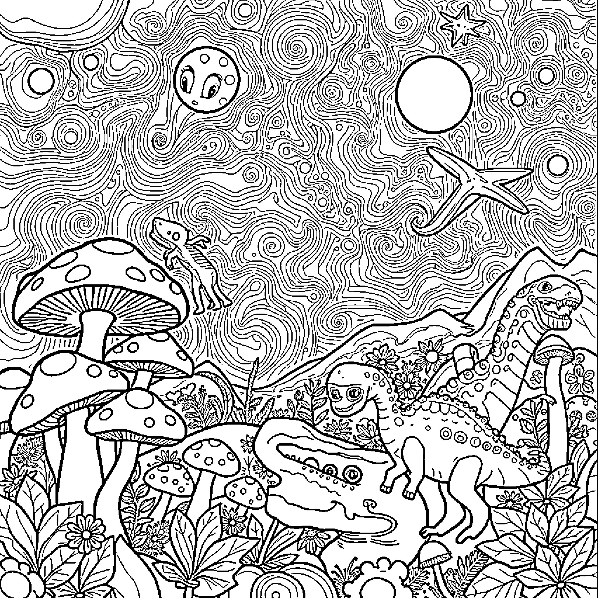 Mushroom-filled fantastical landscape with whimsical creatures Coloring Page (free black-and-white line drawing printable PDF for all, from beginners to advanced learners, including children, teens, adults, and seniors)