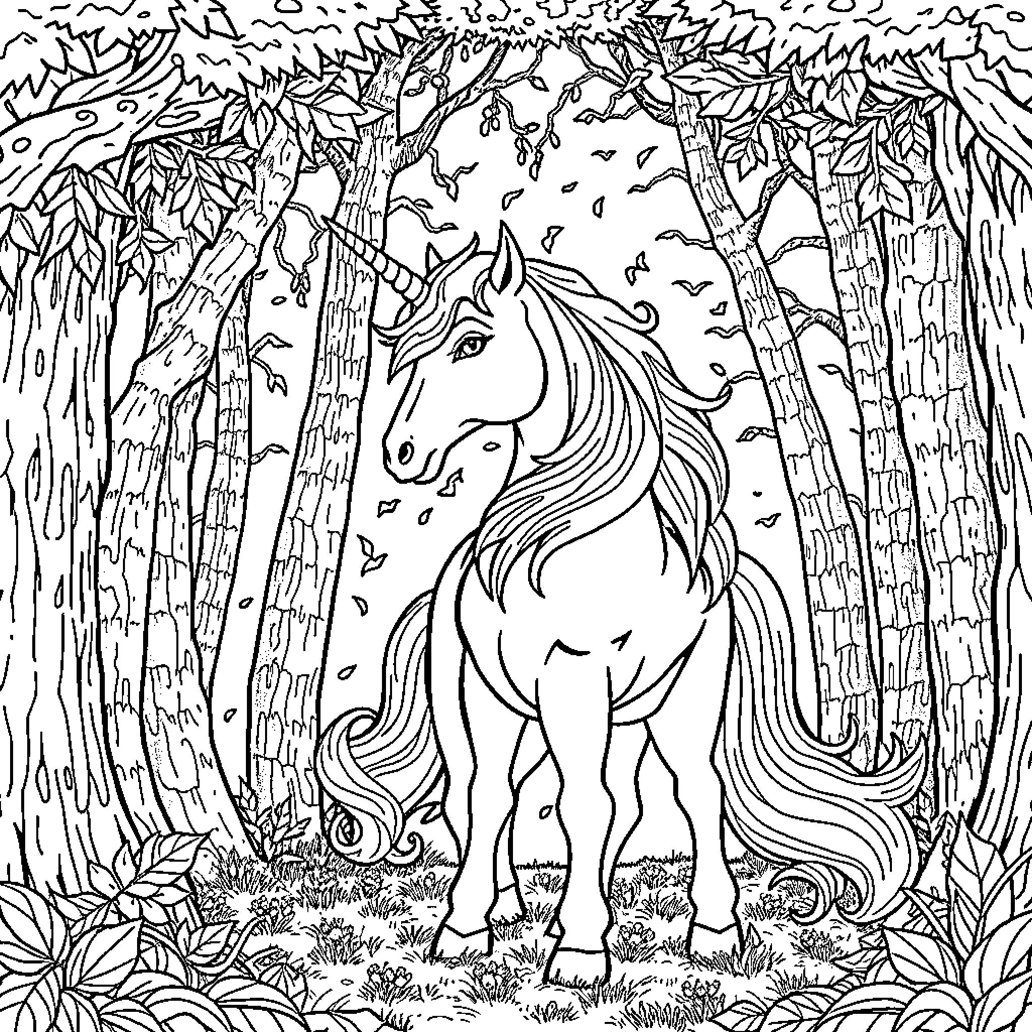 Unicorn in a Whimsical Forest Coloring Page (free black-and-white line drawing printable PDF for all, from beginners to advanced learners, including children, teens, adults, and seniors)