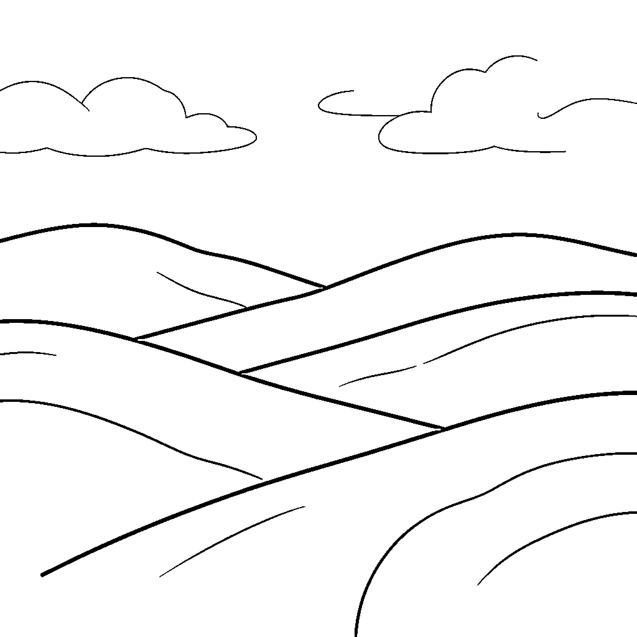 Contour of Peaceful Landscapes Coloring Page (free black-and-white line drawing printable PDF for all, from beginners to advanced learners, including children, teens, adults, and seniors)