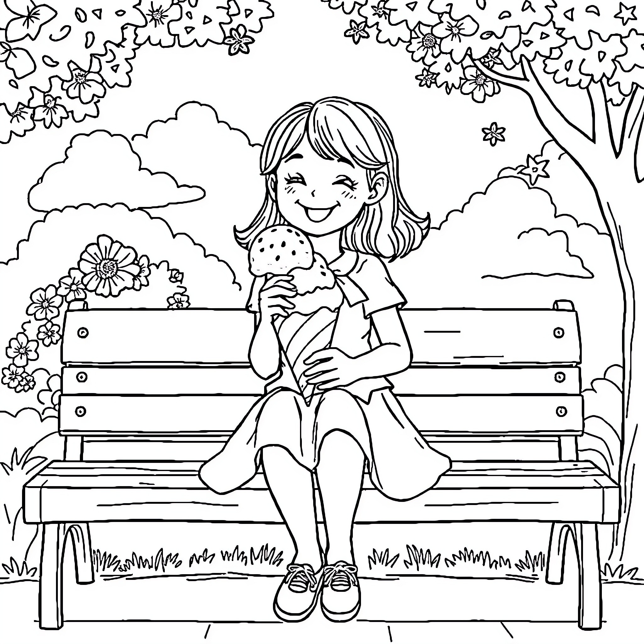 Girl enjoying a snack on a bench in the park Coloring Page (free black-and-white line drawing printable PDF for all, from beginners to advanced learners, including children, teens, adults, and seniors)