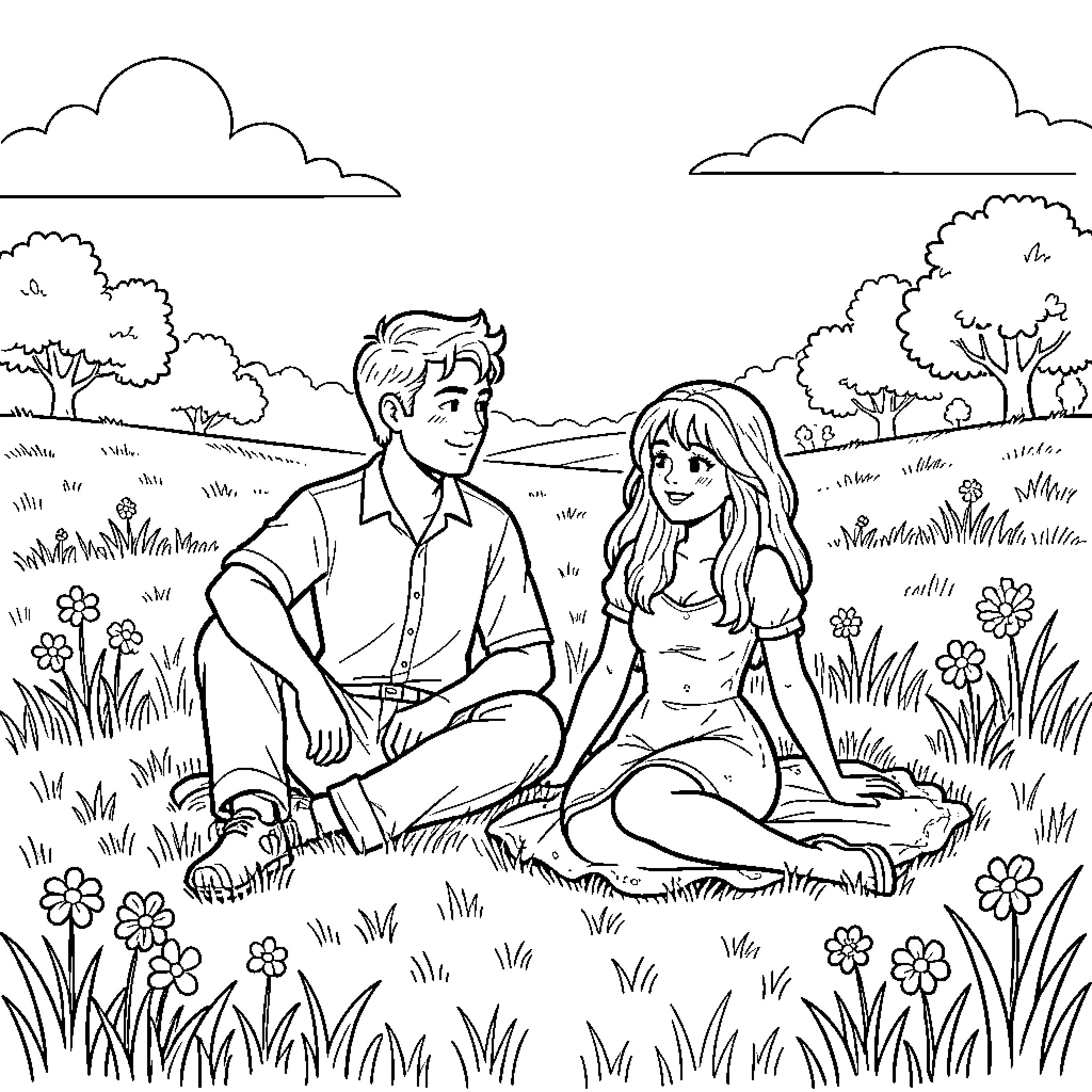 Edward Cullen sitting in a meadow with a girl Coloring Page (free black-and-white line drawing printable PDF for all, from beginners to advanced learners, including children, teens, adults, and seniors)