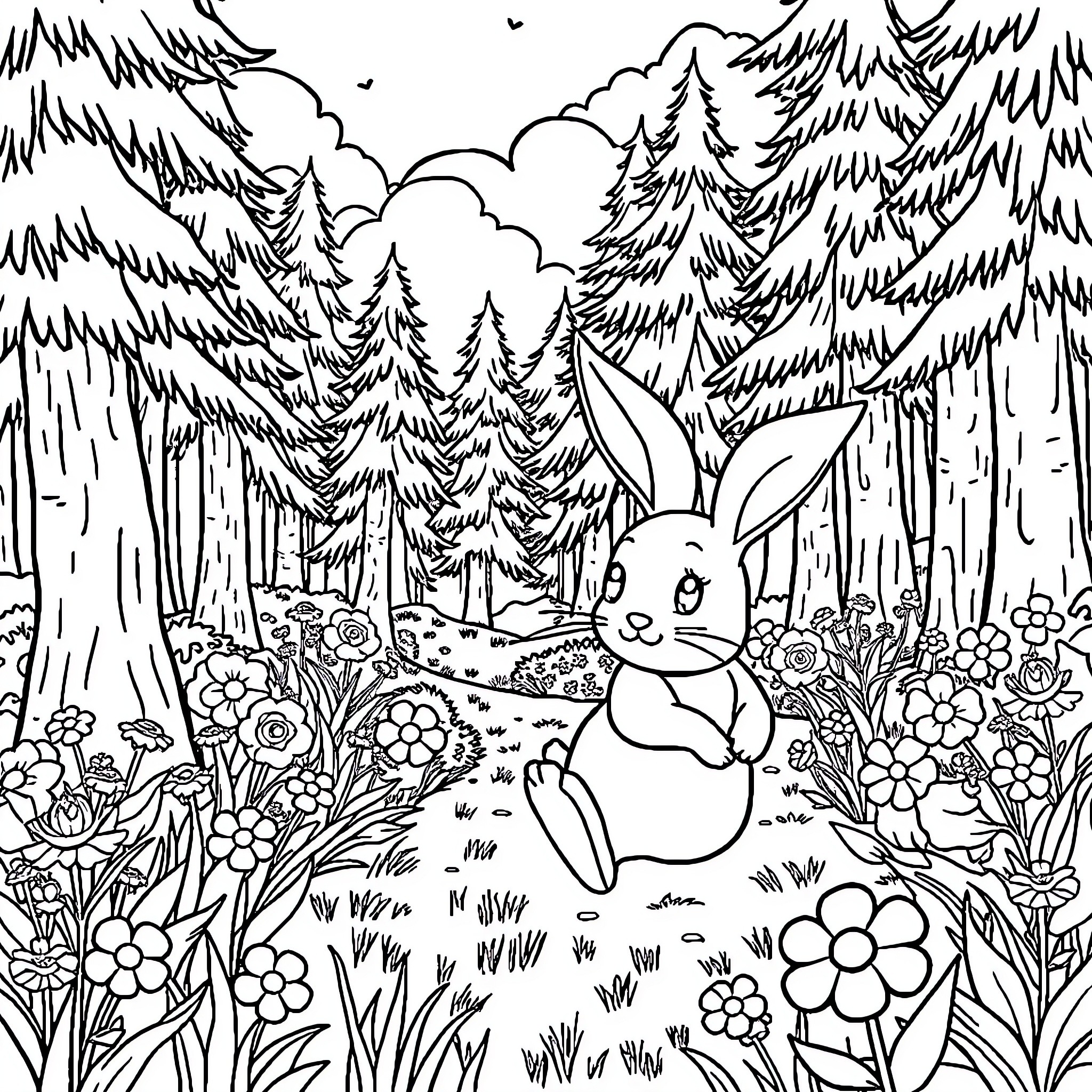 Bunny enjoying the forest scenery Coloring Page (free black-and-white line drawing printable PDF for all, from beginners to advanced learners, including children, teens, adults, and seniors)
