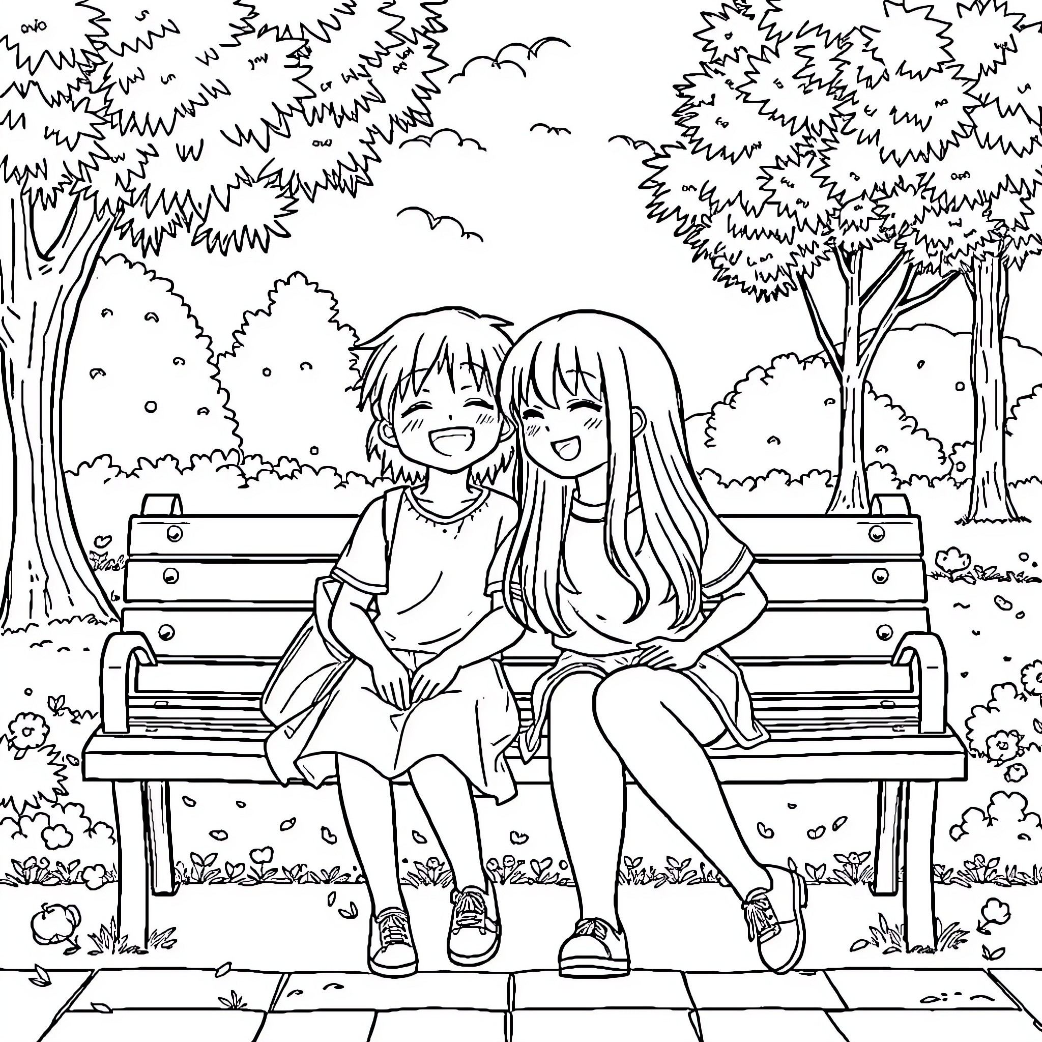 Okarun: Joyful friends in a tranquil park setting Coloring Page (free black-and-white line drawing printable PDF for all, from beginners to advanced learners, including children, teens, adults, and seniors)