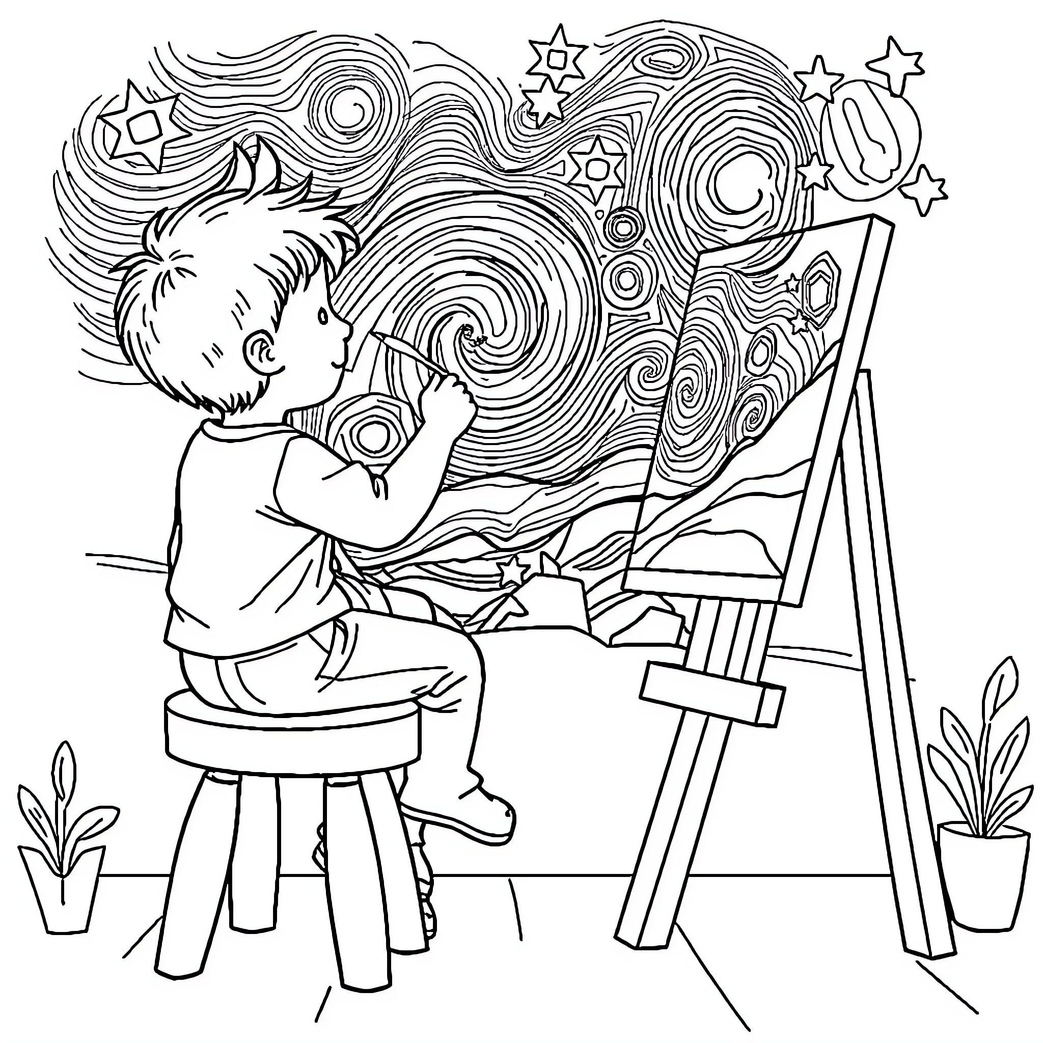 Kid creating a colorful abstract artwork Coloring Page (free black-and-white line drawing printable PDF for all, from beginners to advanced learners, including children, teens, adults, and seniors)