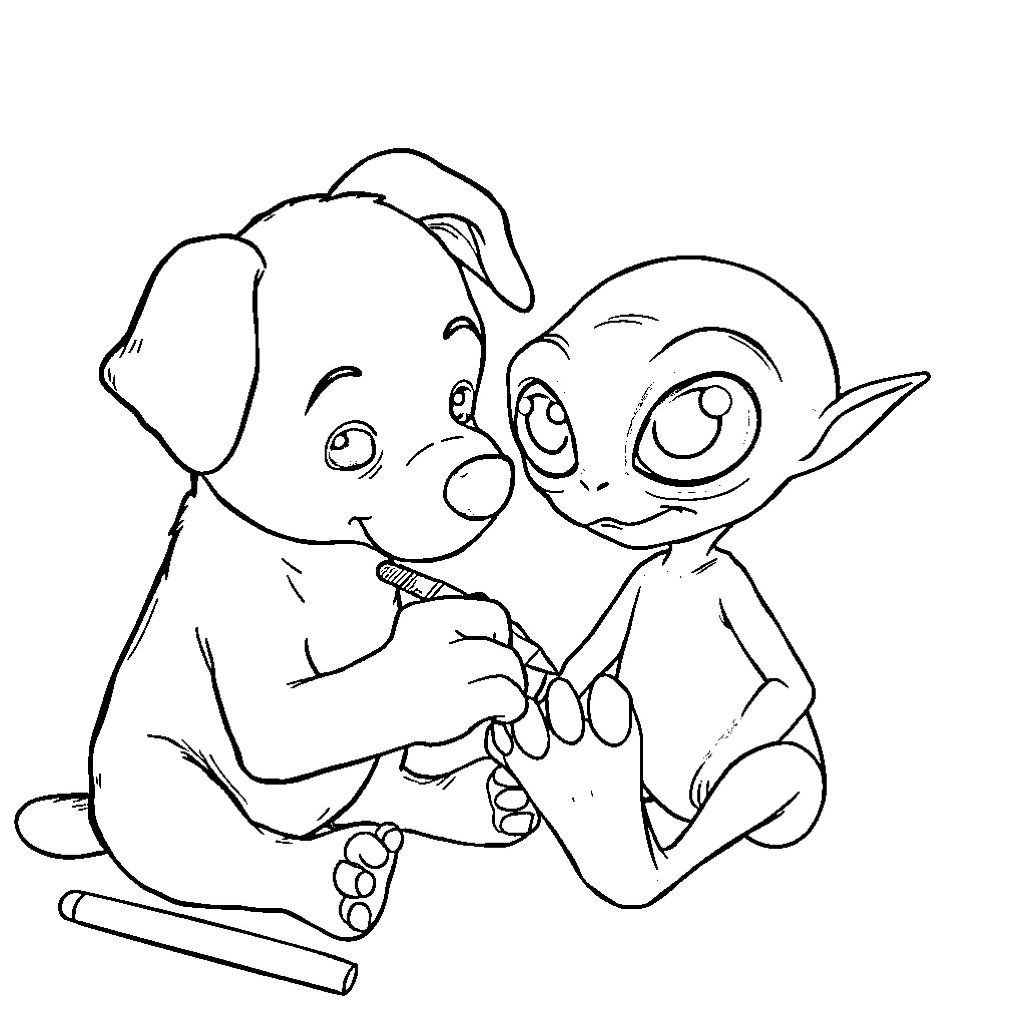 Dog and Alien Friend Explore Together Coloring Page (free black-and-white line drawing printable PDF for all, from beginners to advanced learners, including children, teens, adults, and seniors)