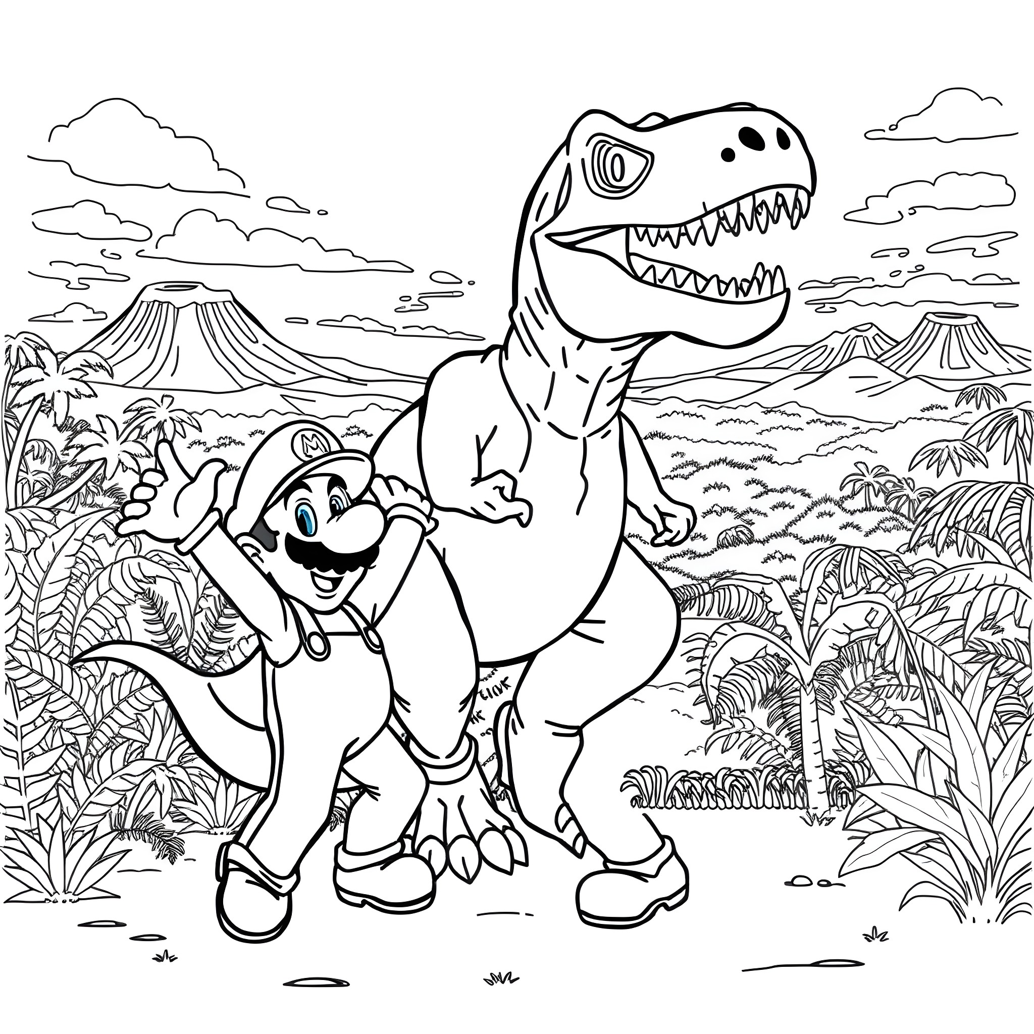 Mario riding a friendly dinosaur in the prehistoric landscape Coloring Page (free black-and-white line drawing printable PDF for all, from beginners to advanced learners, including children, teens, adults, and seniors)