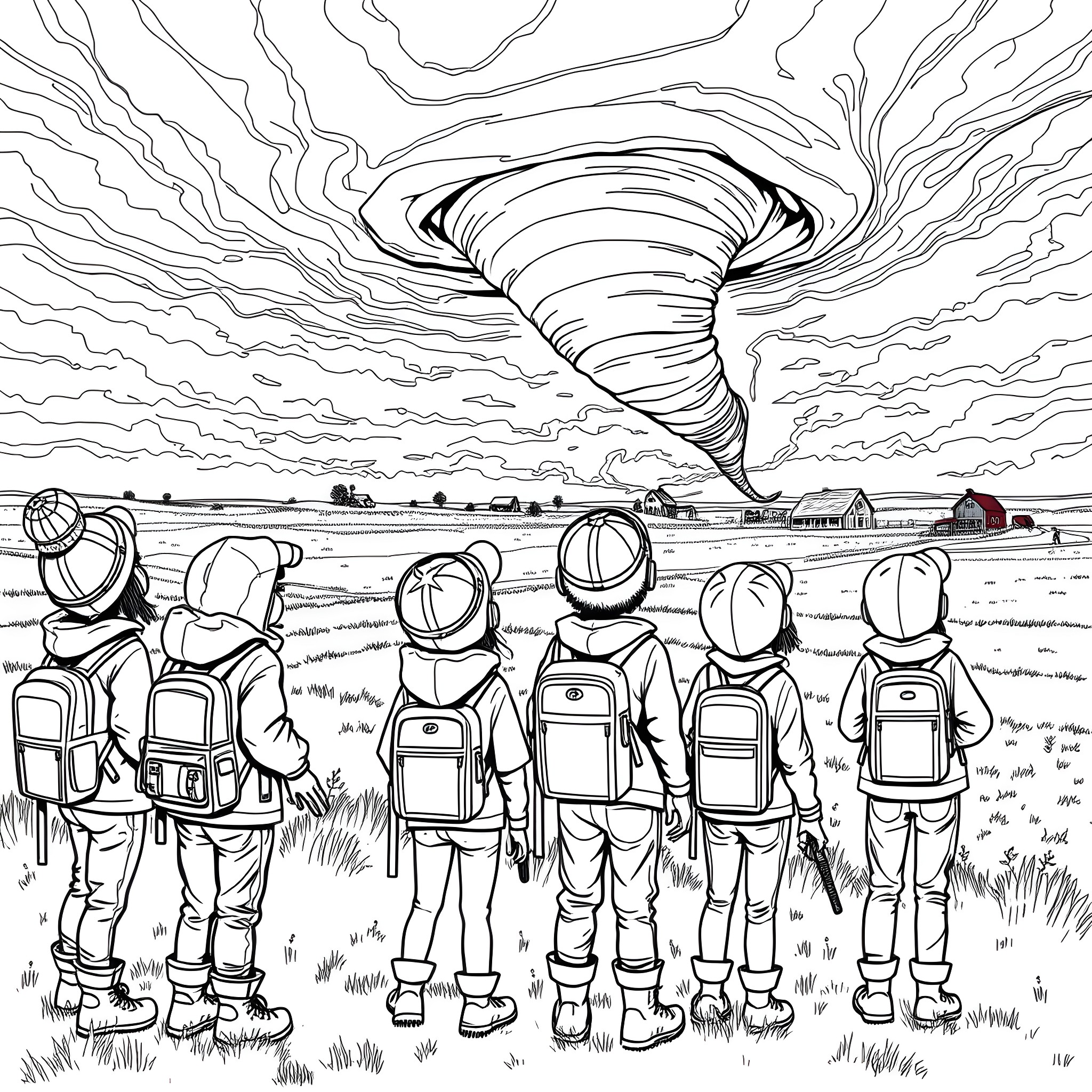Tornado approaches astronauts in a rural landscape Coloring Page (free black-and-white line drawing printable PDF for all, from beginners to advanced learners, including children, teens, adults, and seniors)