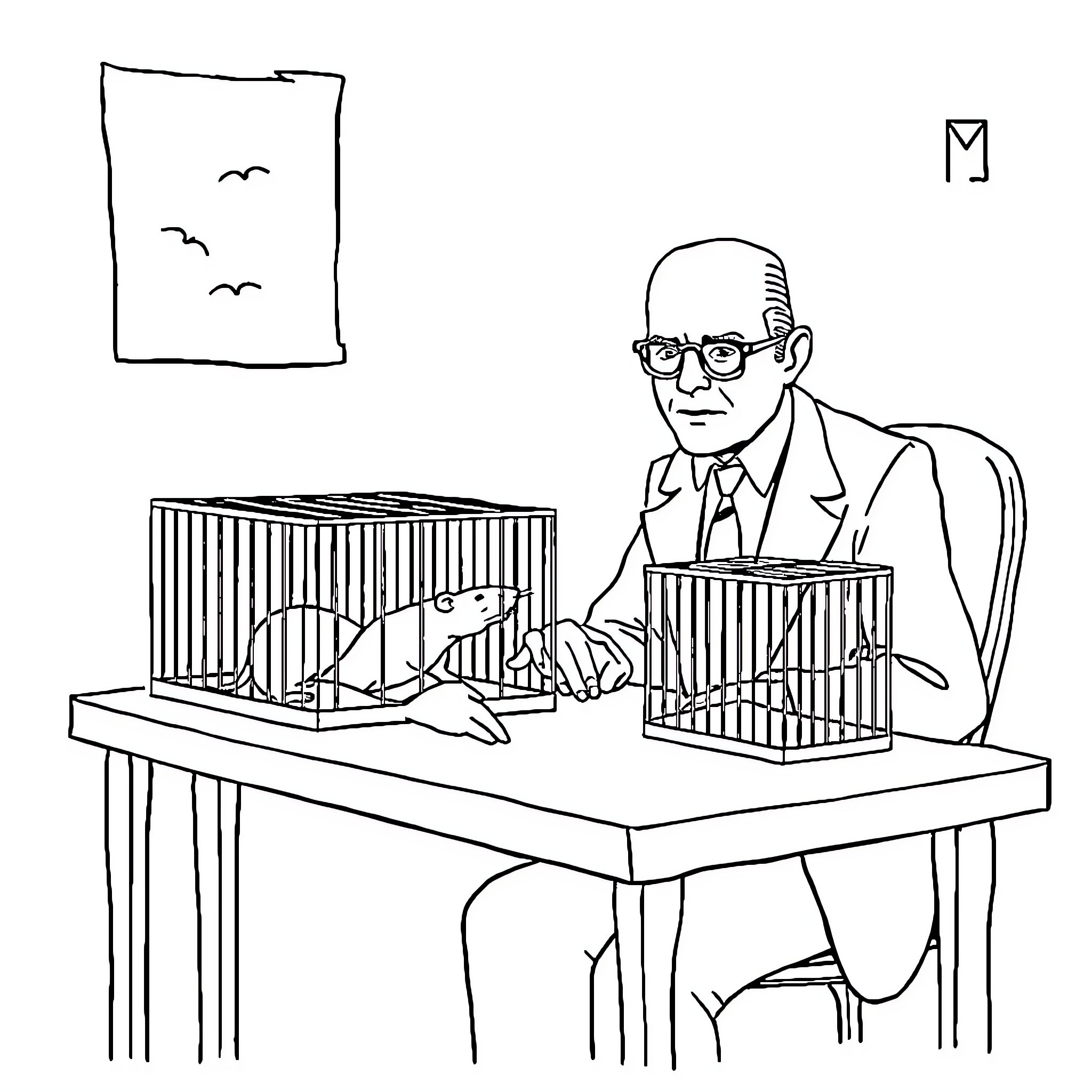 B.F. Skinner examining behavior in laboratory animals Coloring Page (free black-and-white line drawing printable PDF for all, from beginners to advanced learners, including children, teens, adults, and seniors)