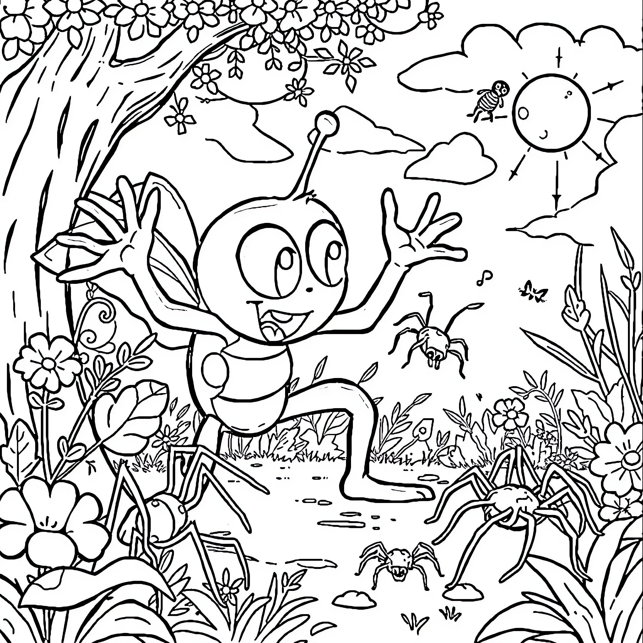 Bluey playing in the magical nature wonderland Coloring Page (free black-and-white line drawing printable PDF for all, from beginners to advanced learners, including children, teens, adults, and seniors)