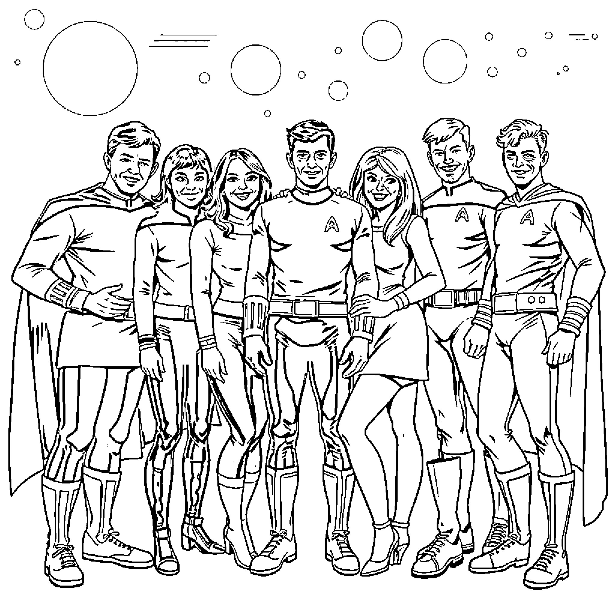 Justice League superheroes in heroic poses Coloring Page (free black-and-white line drawing printable PDF for all, from beginners to advanced learners, including children, teens, adults, and seniors)